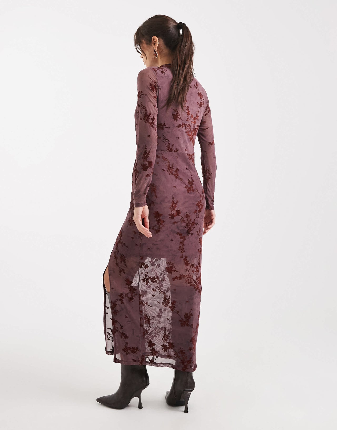 French Connection high neck mesh midi dress with velvet burnout in plum