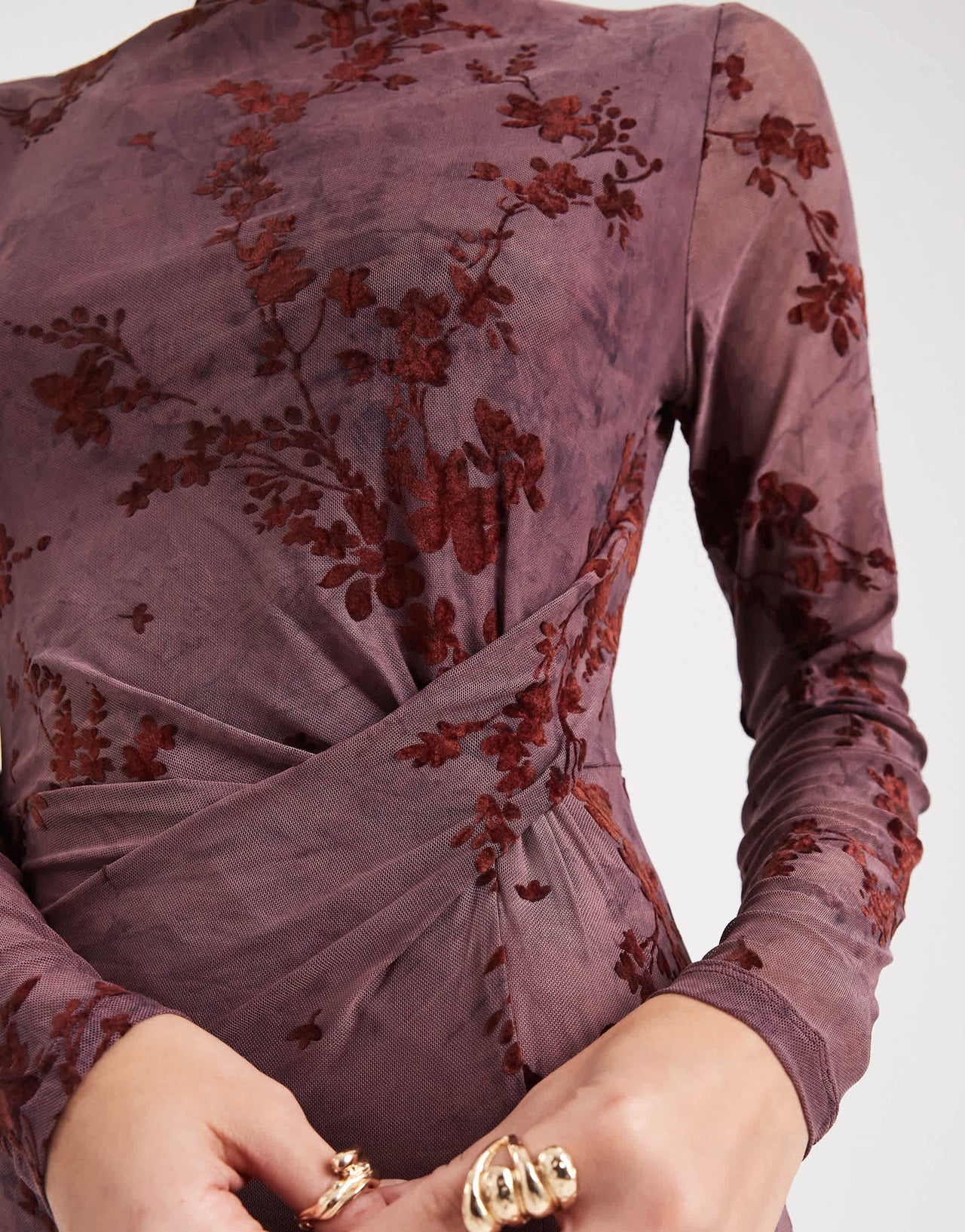 French Connection high neck mesh midi dress with velvet burnout in plum