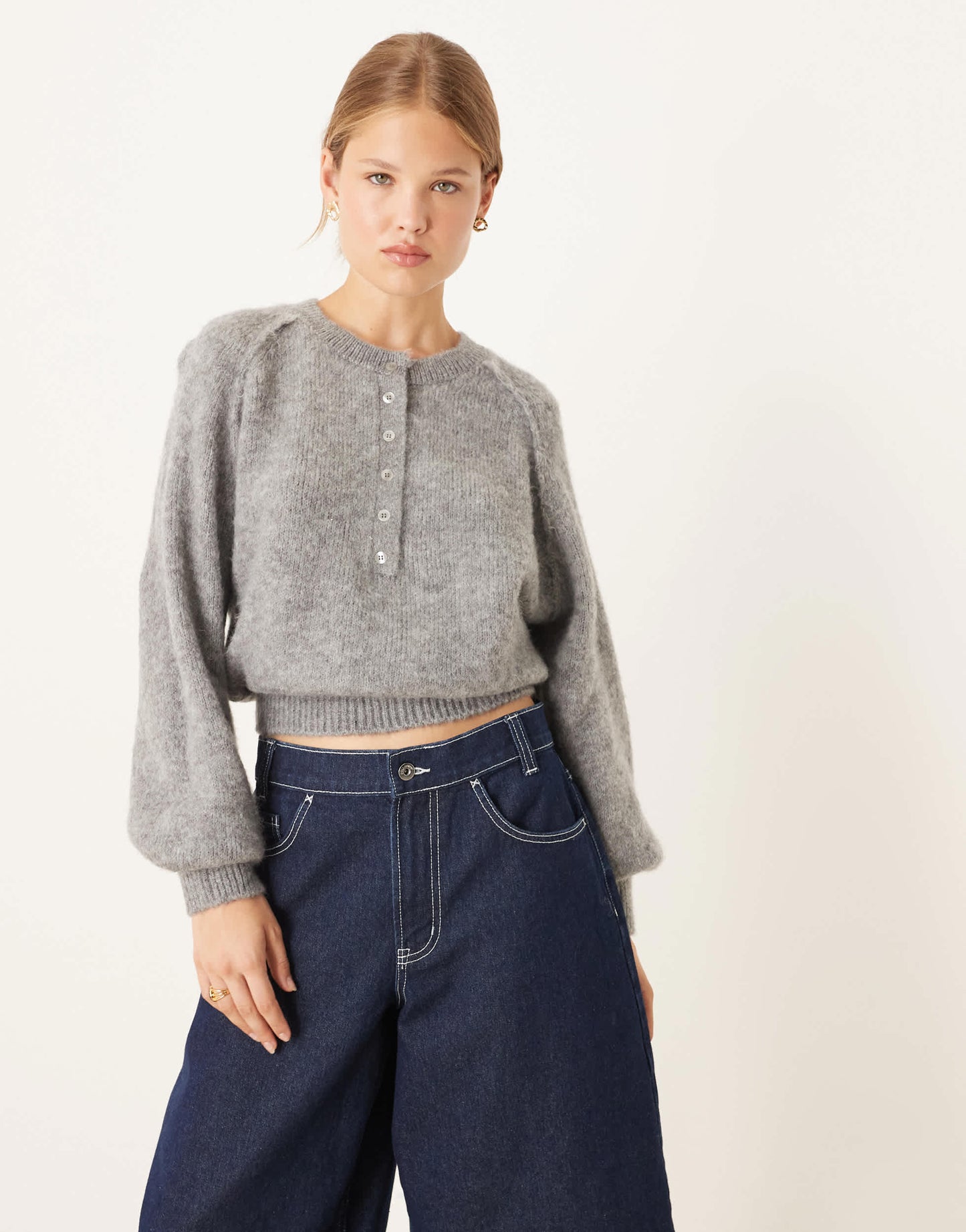ASOS DESIGN blouson cuff henley jumper in charcoal