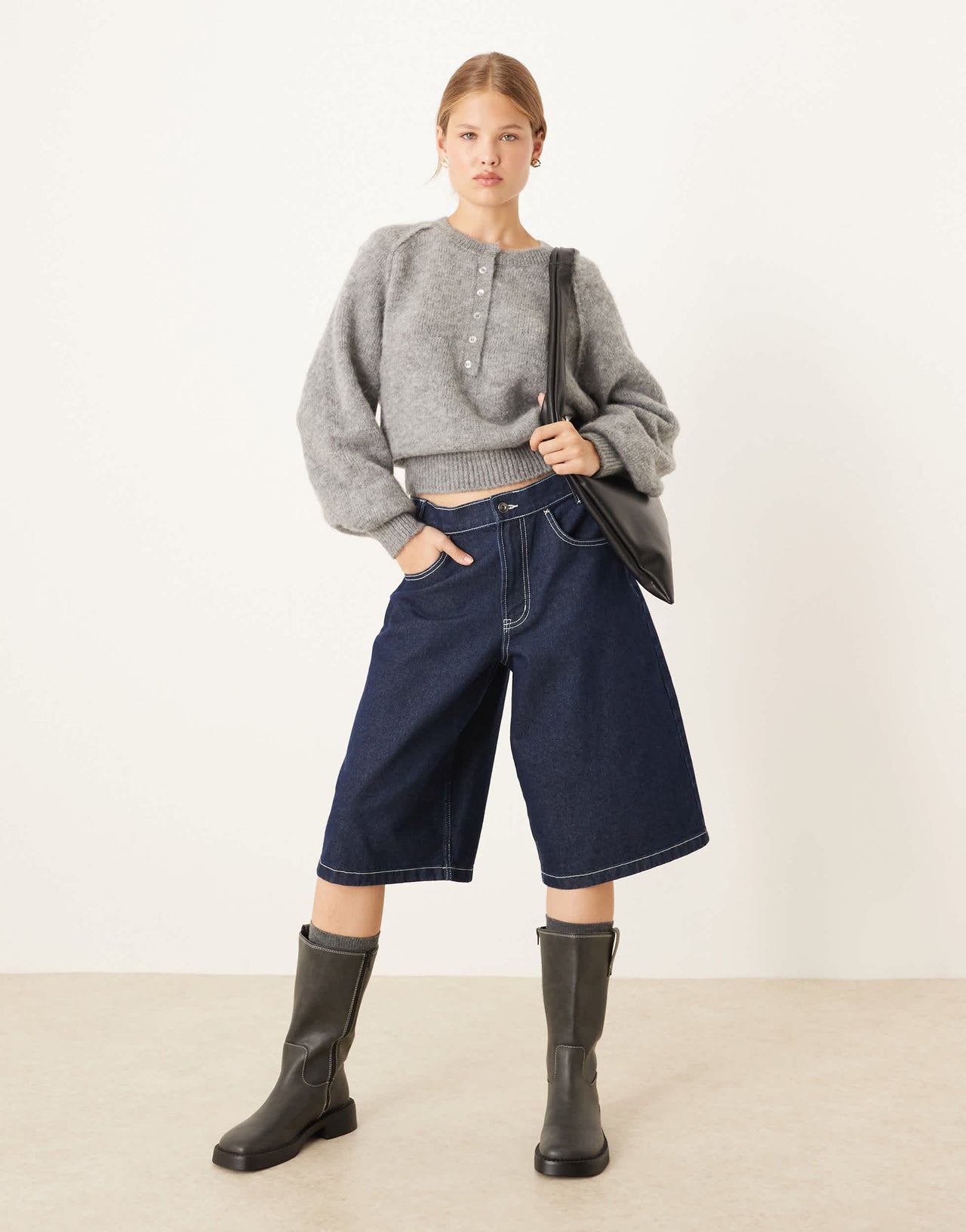 ASOS DESIGN blouson cuff henley jumper in charcoal