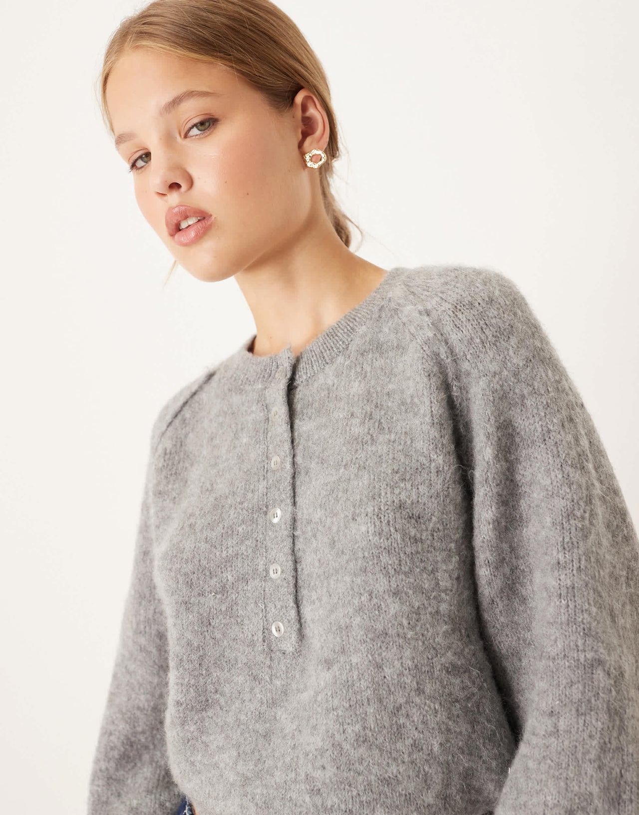 ASOS DESIGN blouson cuff henley jumper in charcoal