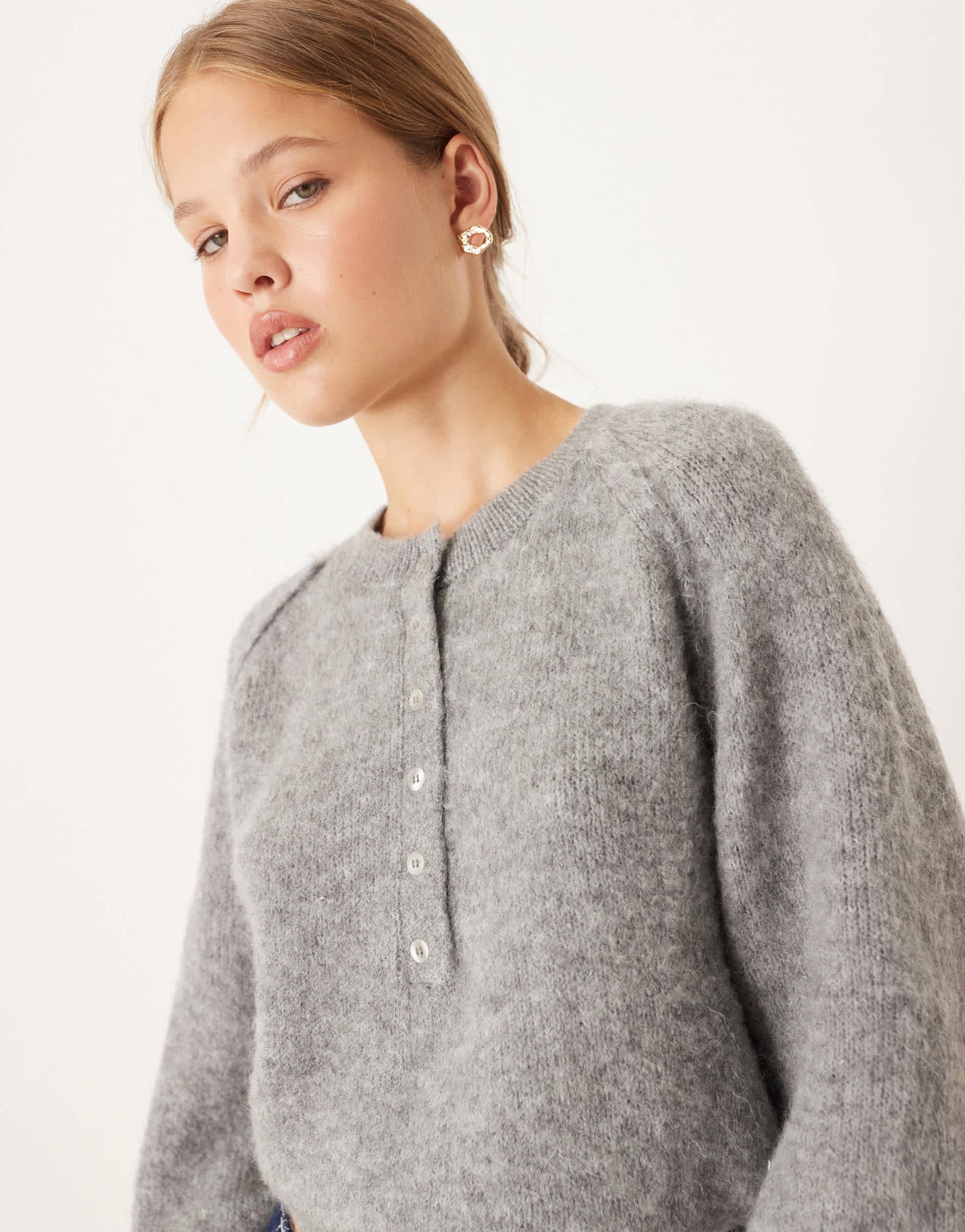 ASOS DESIGN blouson cuff henley jumper in charcoal