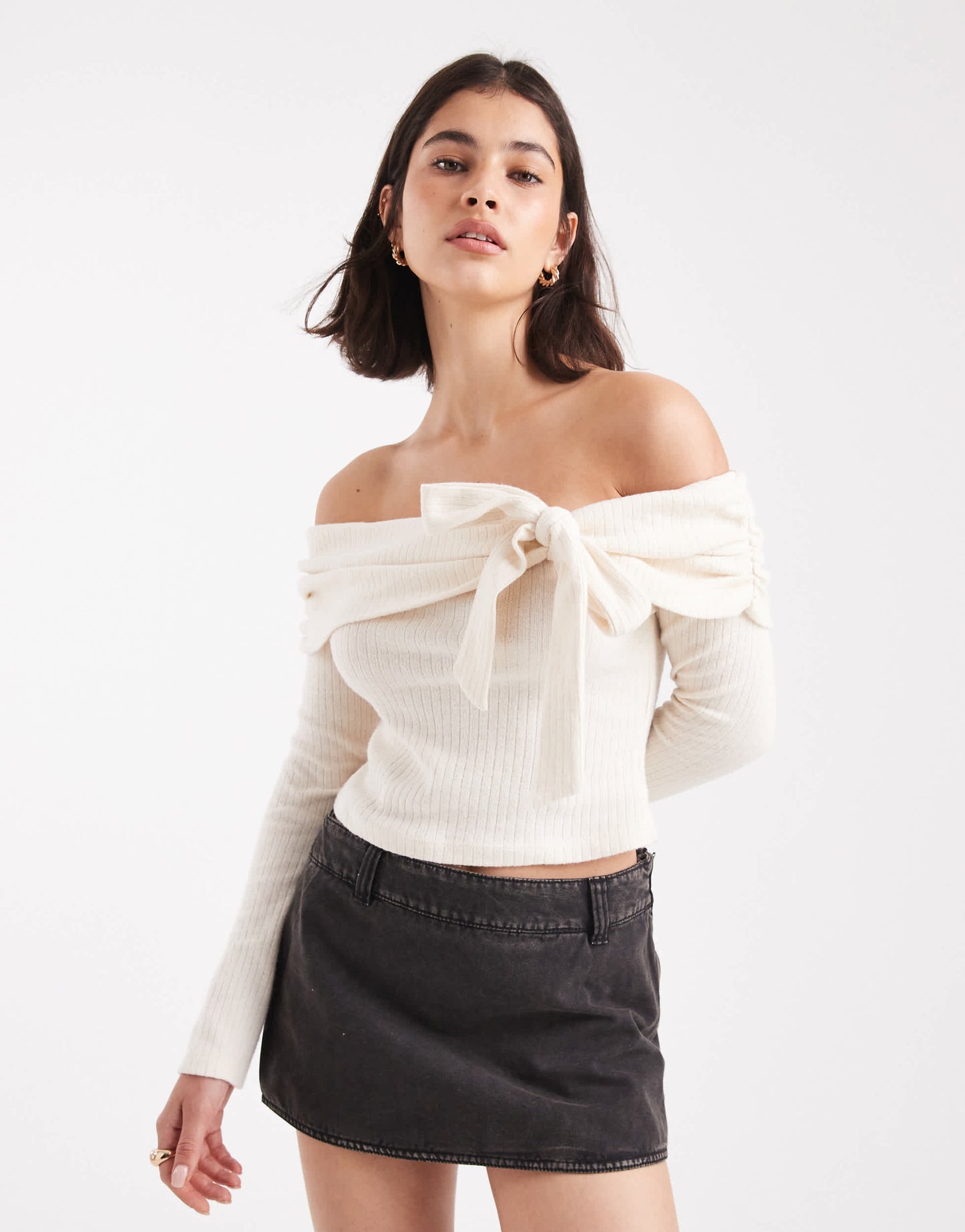 Miss Selfridge ribbed bardot with bow detail in cream