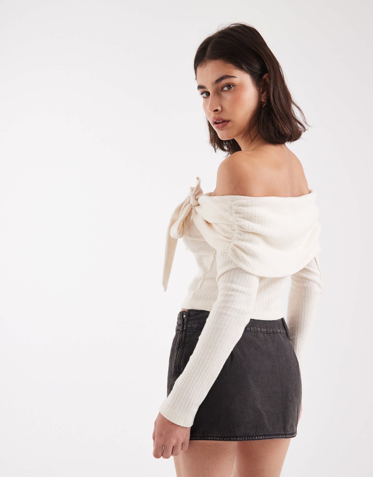 Miss Selfridge ribbed bardot with bow detail in cream