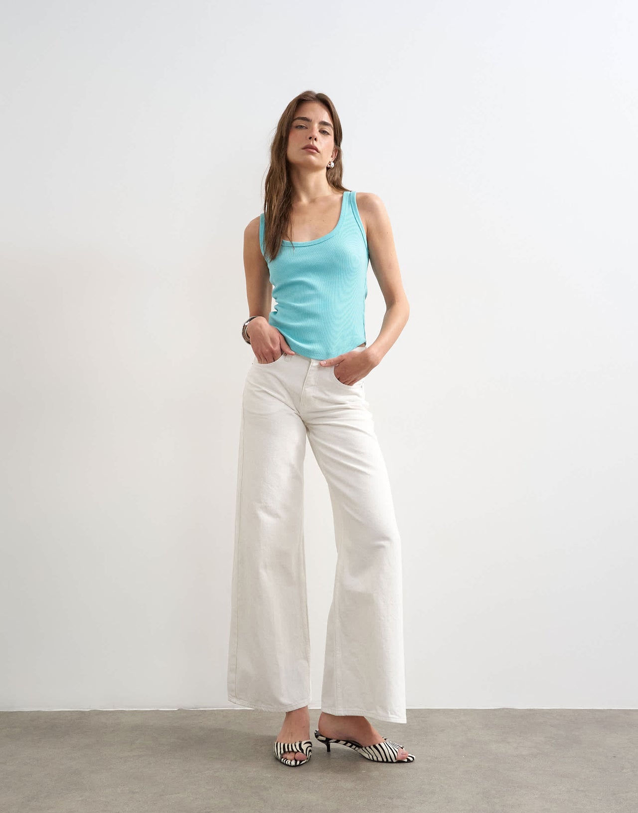 Topshop rib scoop curve hem vest in turquoise