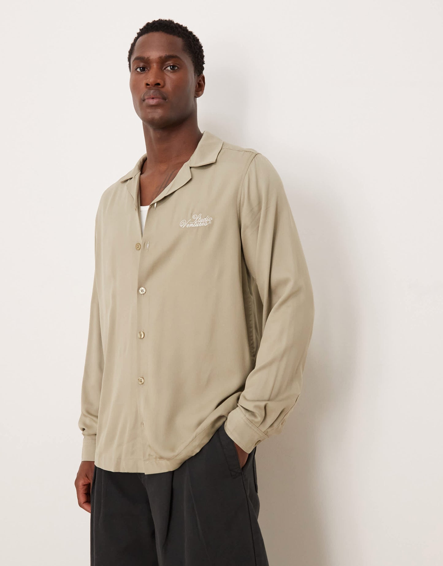 ASOS DESIGN co-ord regular revere shirt with chest embroidery in stone