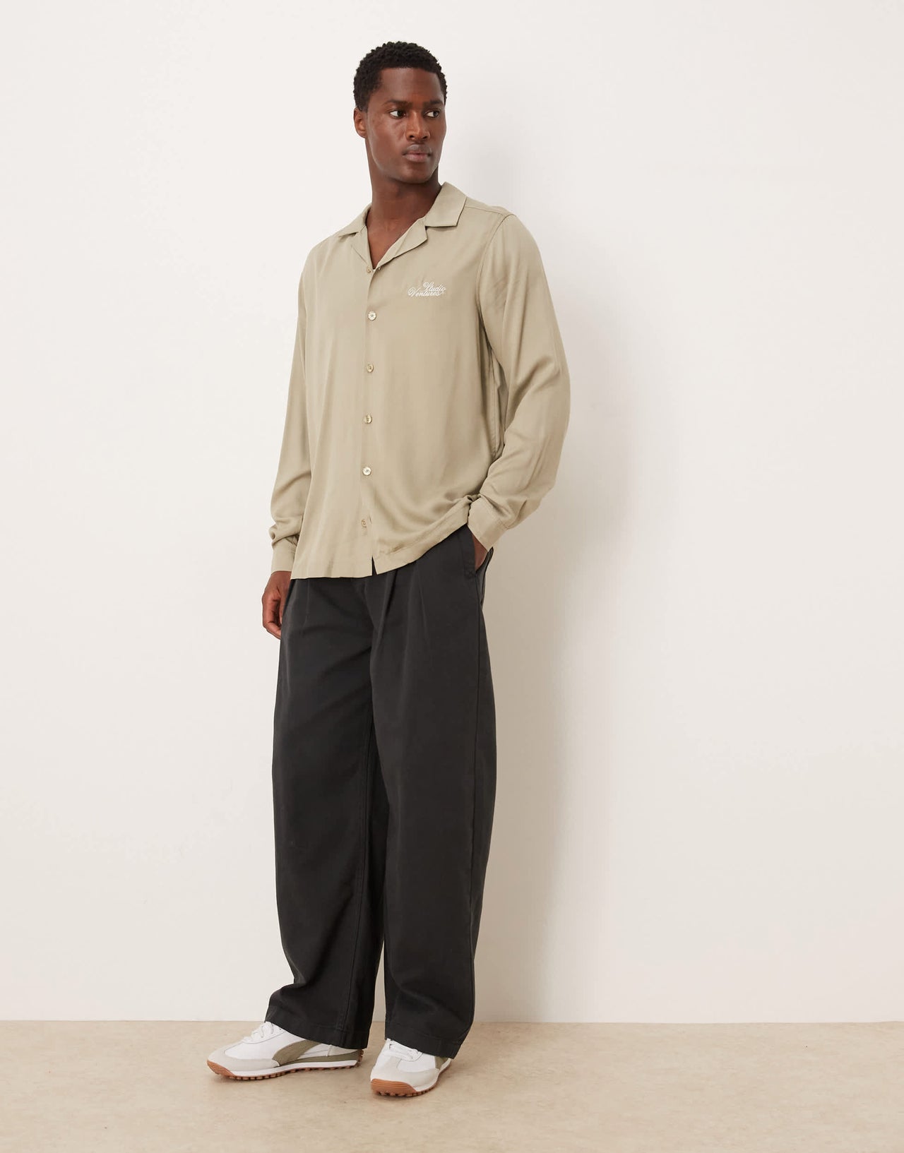 ASOS DESIGN co-ord regular revere shirt with chest embroidery in stone