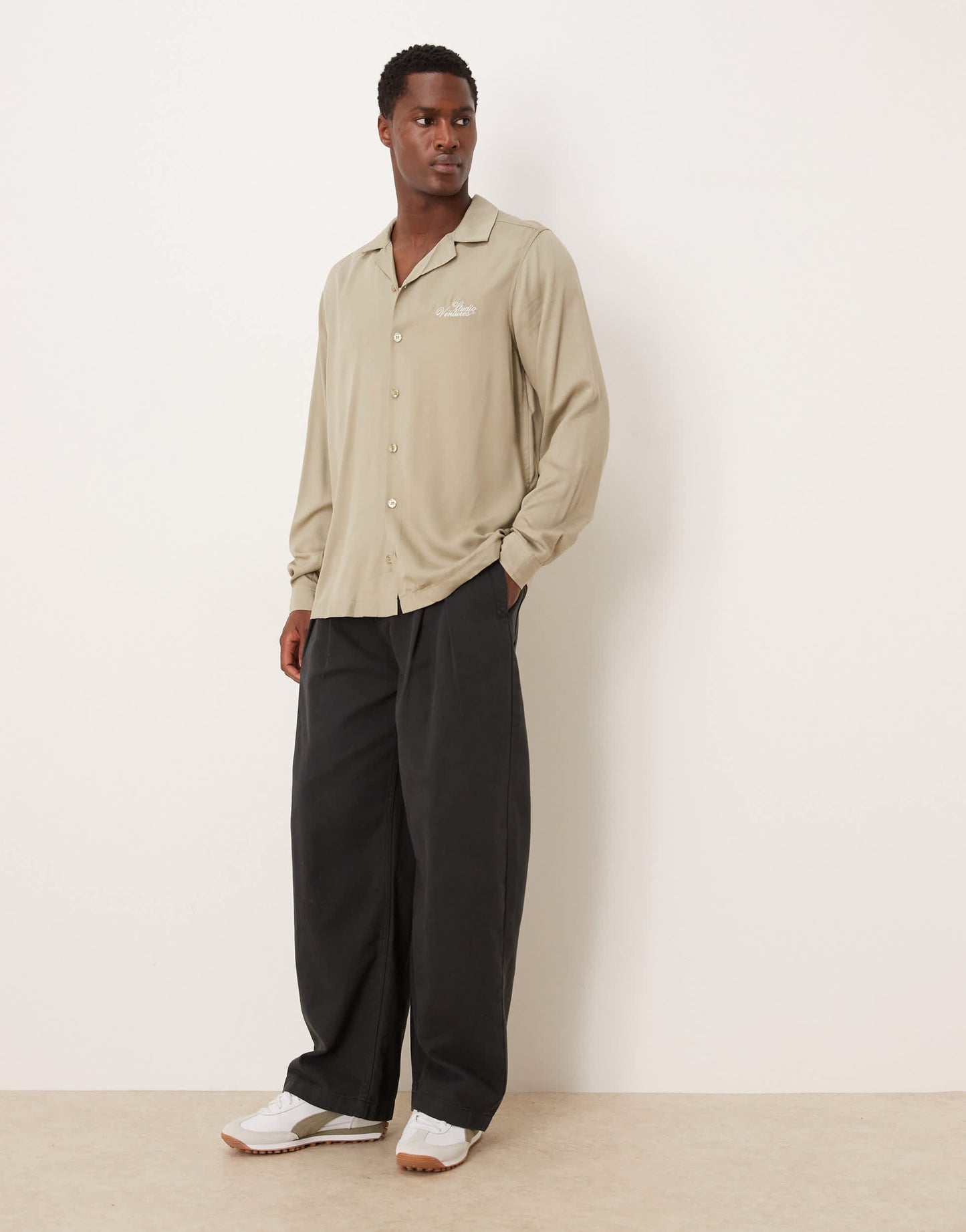 ASOS DESIGN co-ord regular revere shirt with chest embroidery in stone