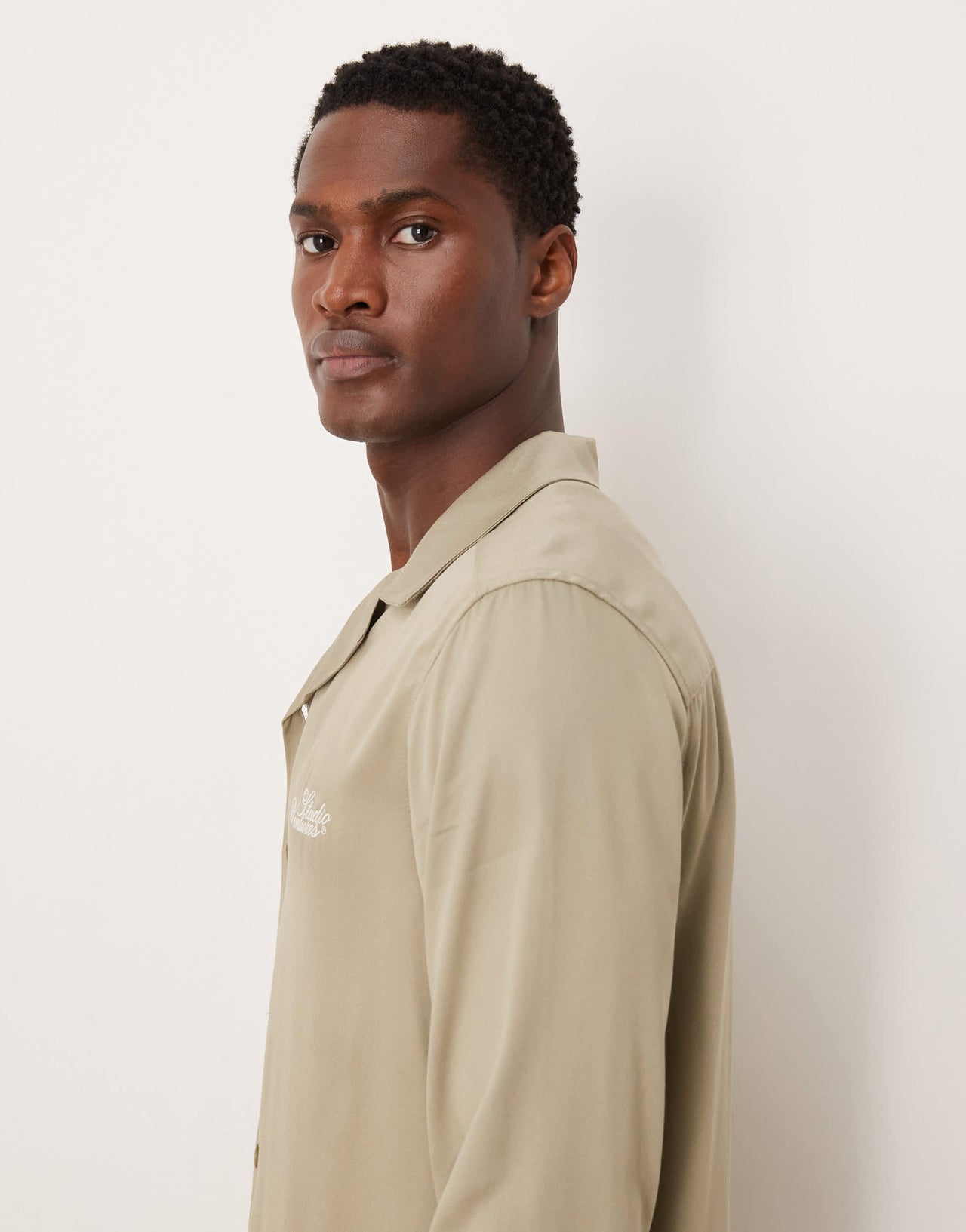 ASOS DESIGN co-ord regular revere shirt with chest embroidery in stone
