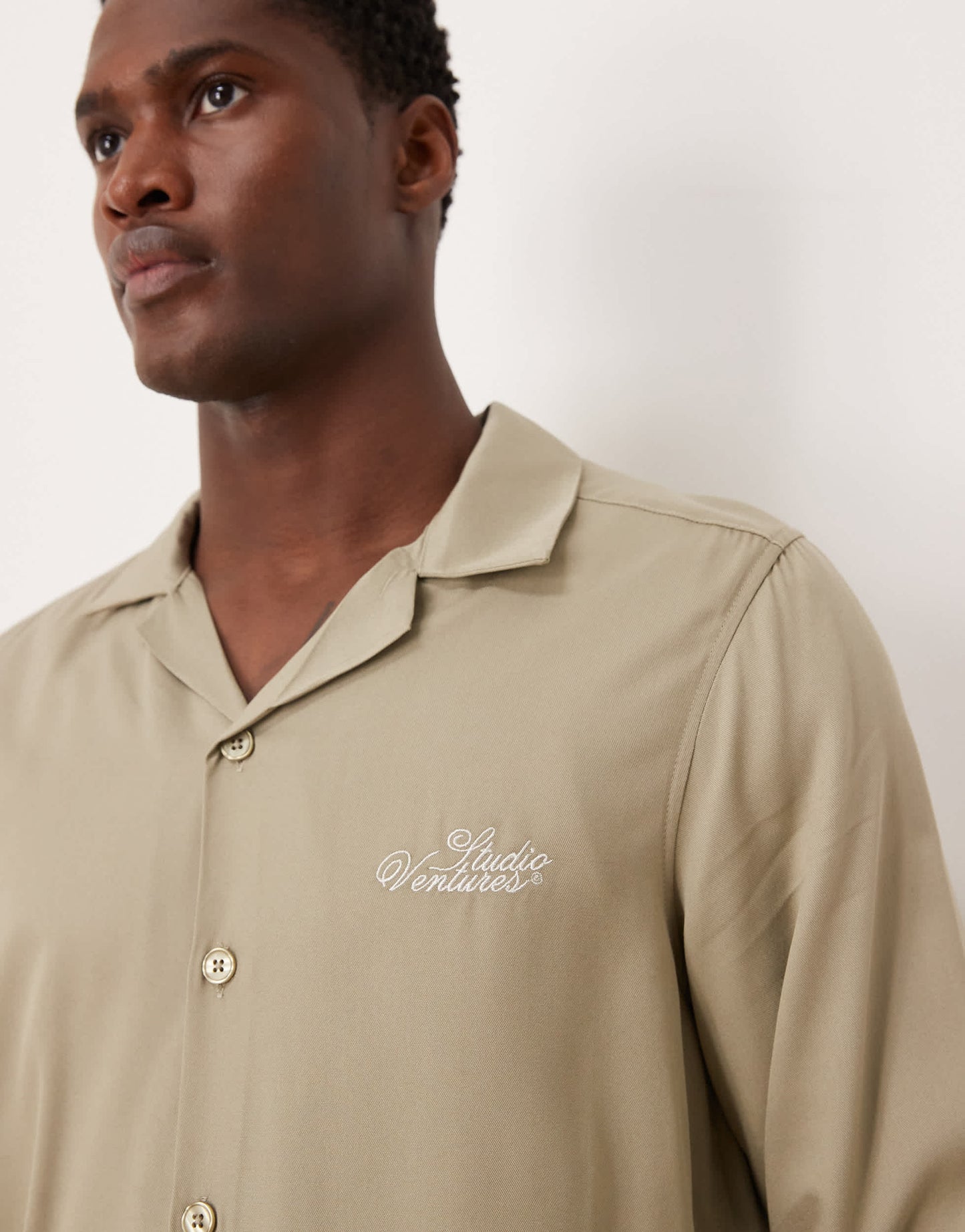 ASOS DESIGN co-ord regular revere shirt with chest embroidery in stone