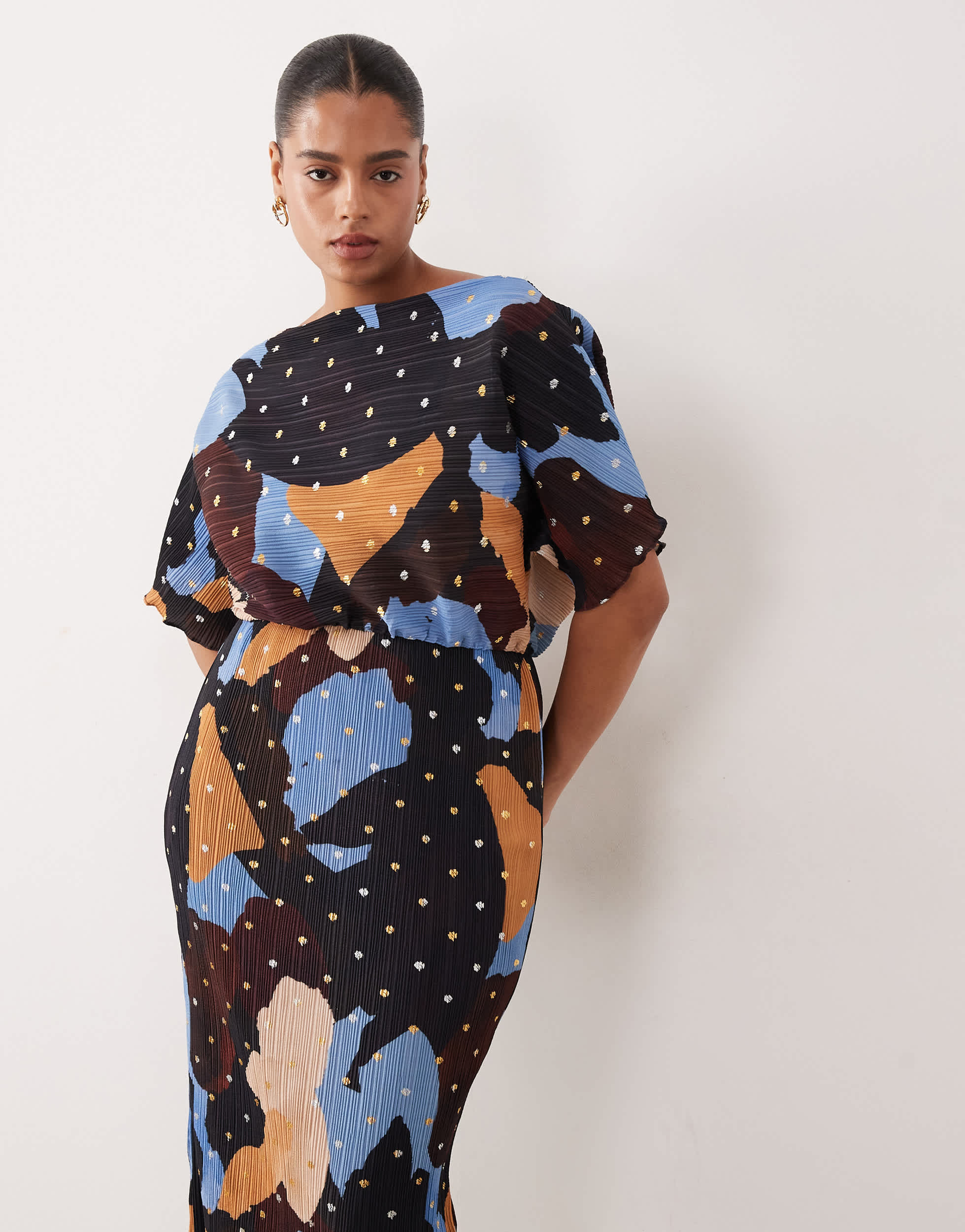 Never Fully Dressed Plus Tilly off shoulder plisse maxi dress in chocolate