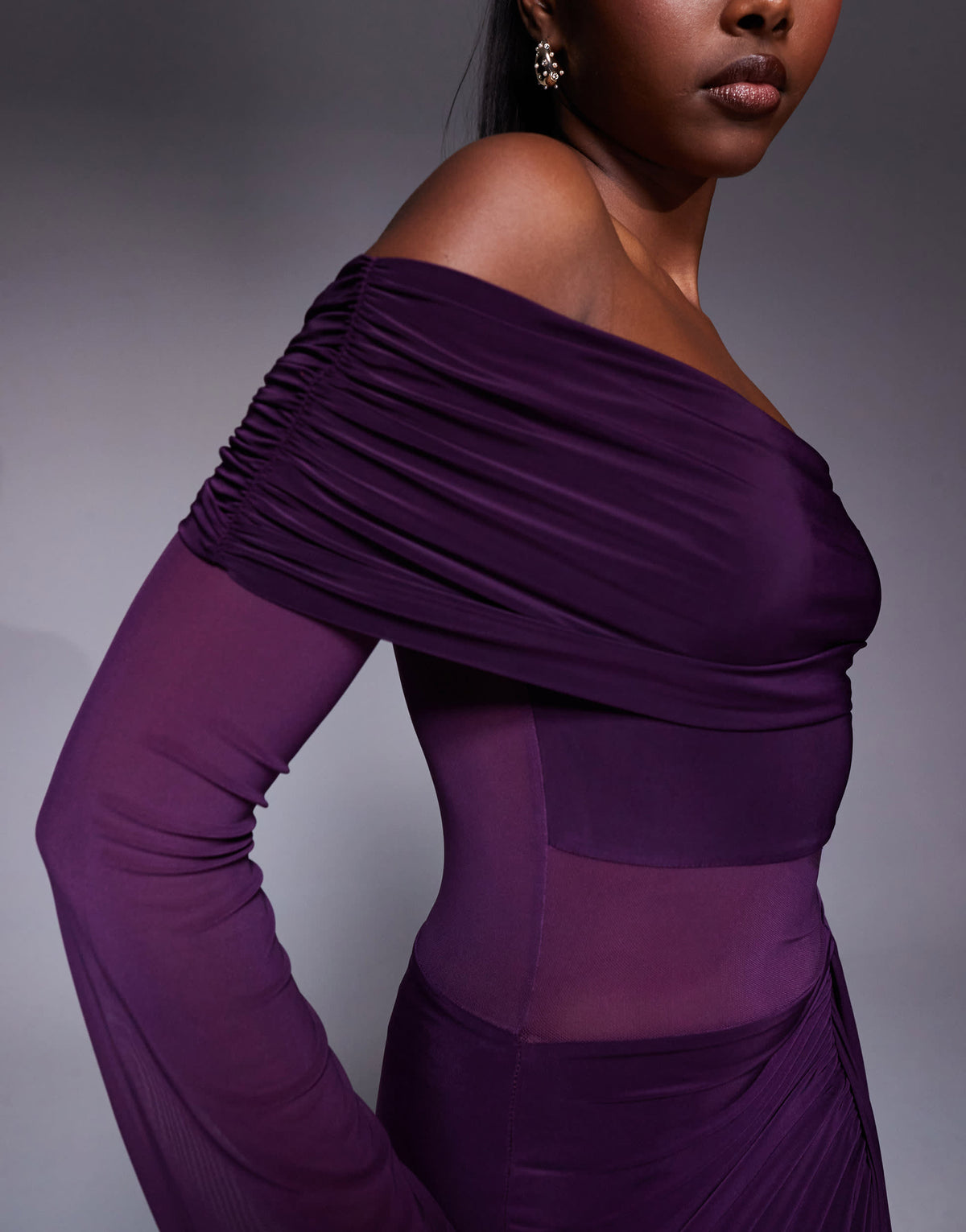 Kaiia exclusive double layered slinky foldover bardot sheer panel ruched skirt maxi dress in plum