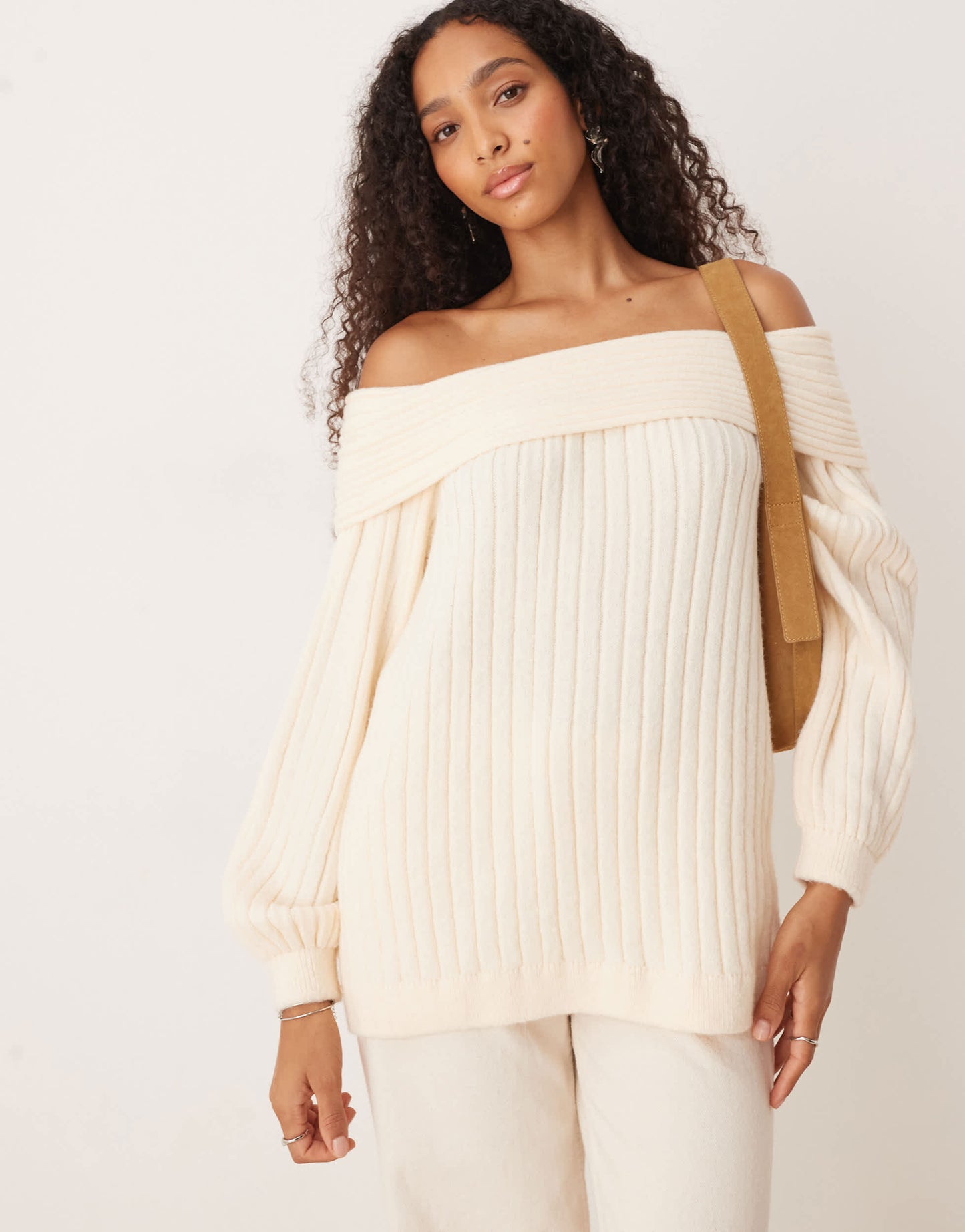 ASOS DESIGN oversized rib knit off shoulder jumper with balloon sleeve in ecru