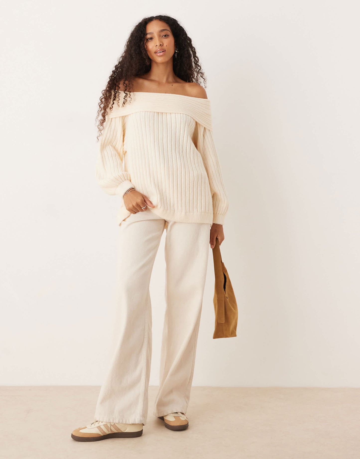 ASOS DESIGN oversized rib knit off shoulder jumper with balloon sleeve in ecru