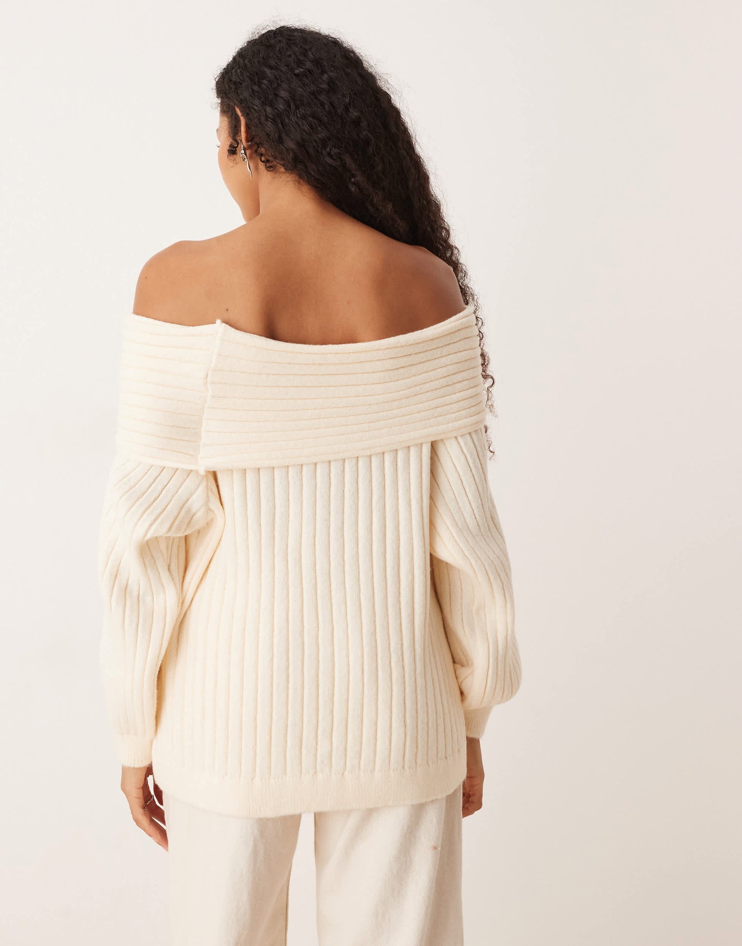 ASOS DESIGN oversized rib knit off shoulder jumper with balloon sleeve in ecru