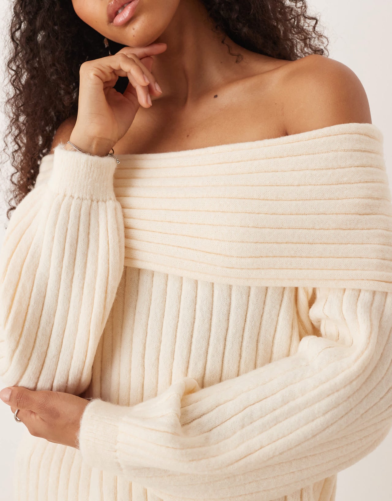ASOS DESIGN oversized rib knit off shoulder jumper with balloon sleeve in ecru