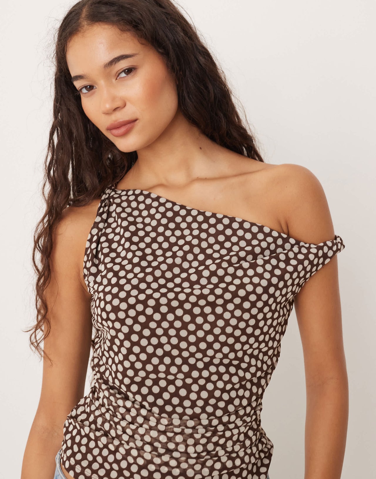 Abercrombie & Fitch asymmetric ruched mesh top in brown polka dot