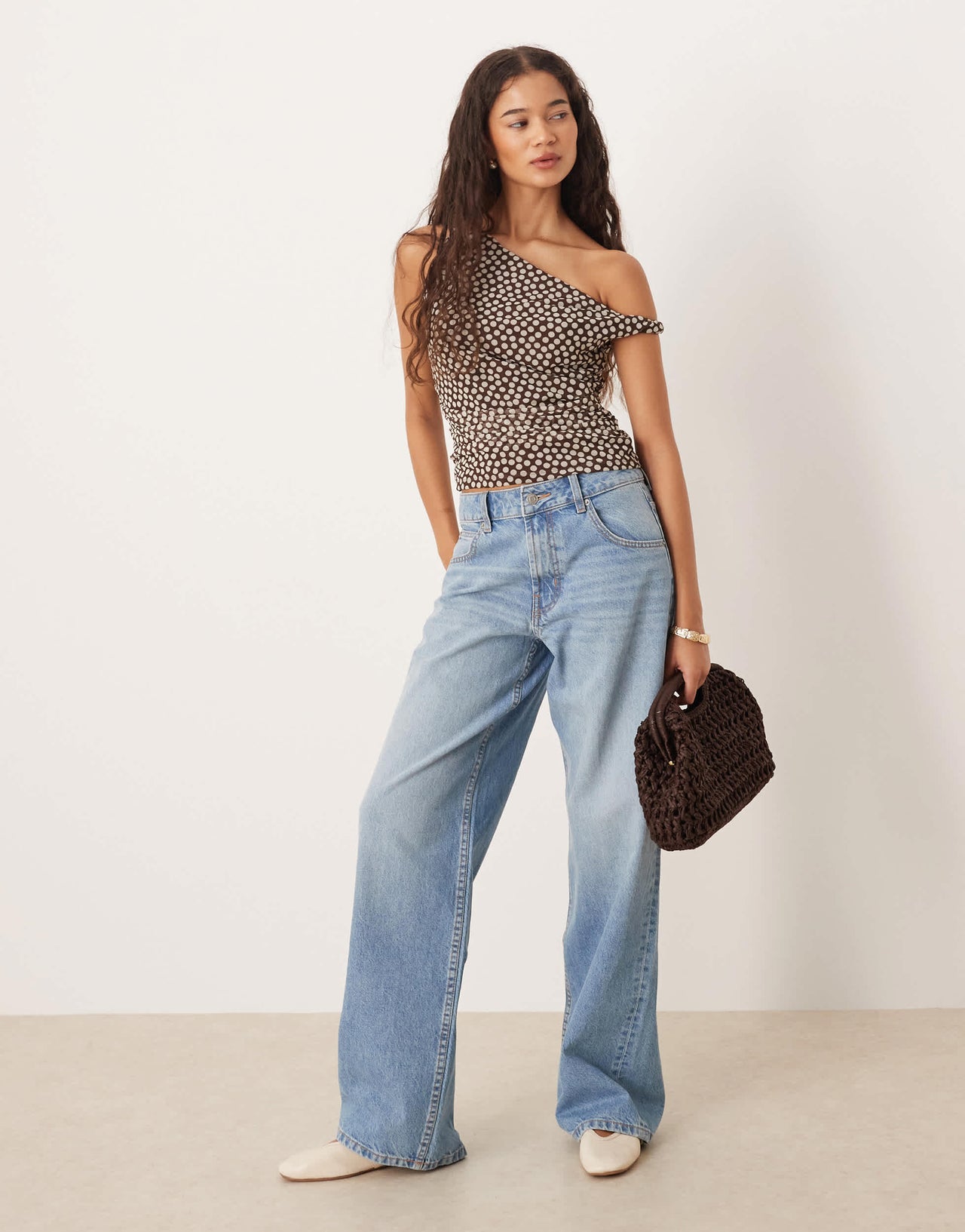 Abercrombie & Fitch asymmetric ruched mesh top in brown polka dot