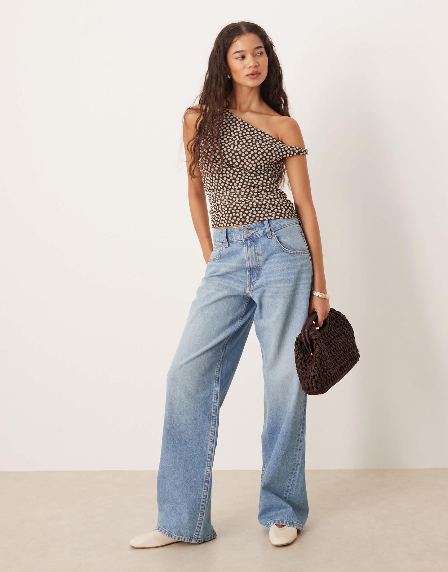Abercrombie & Fitch asymmetric ruched mesh top in brown polka dot