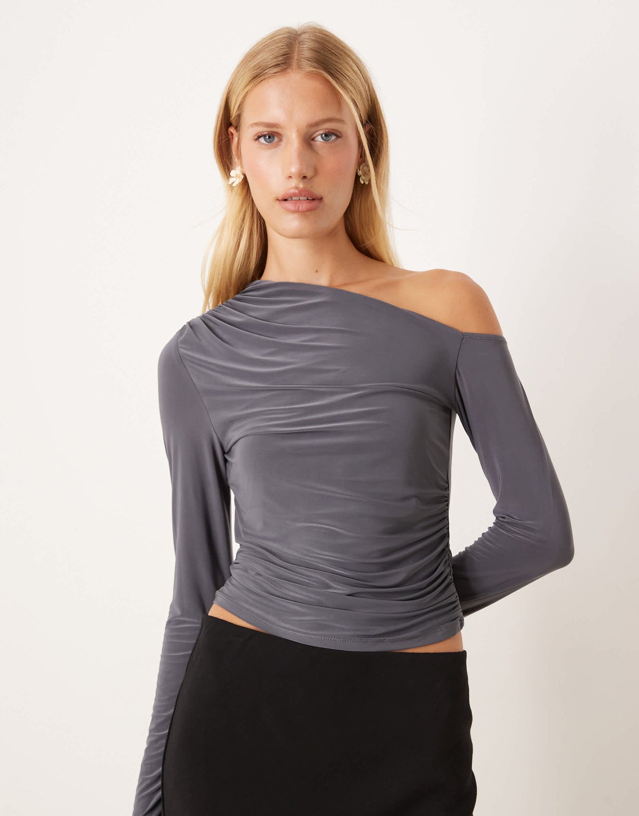 ASOS DESIGN slinky one shoulder long sleeve top in charcoal