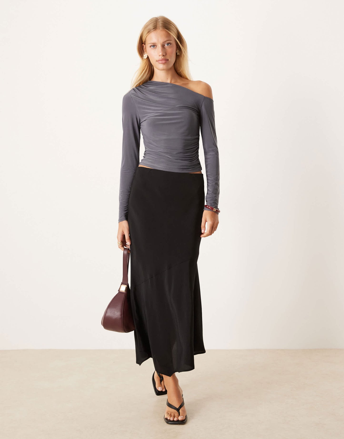 ASOS DESIGN slinky one shoulder long sleeve top in charcoal