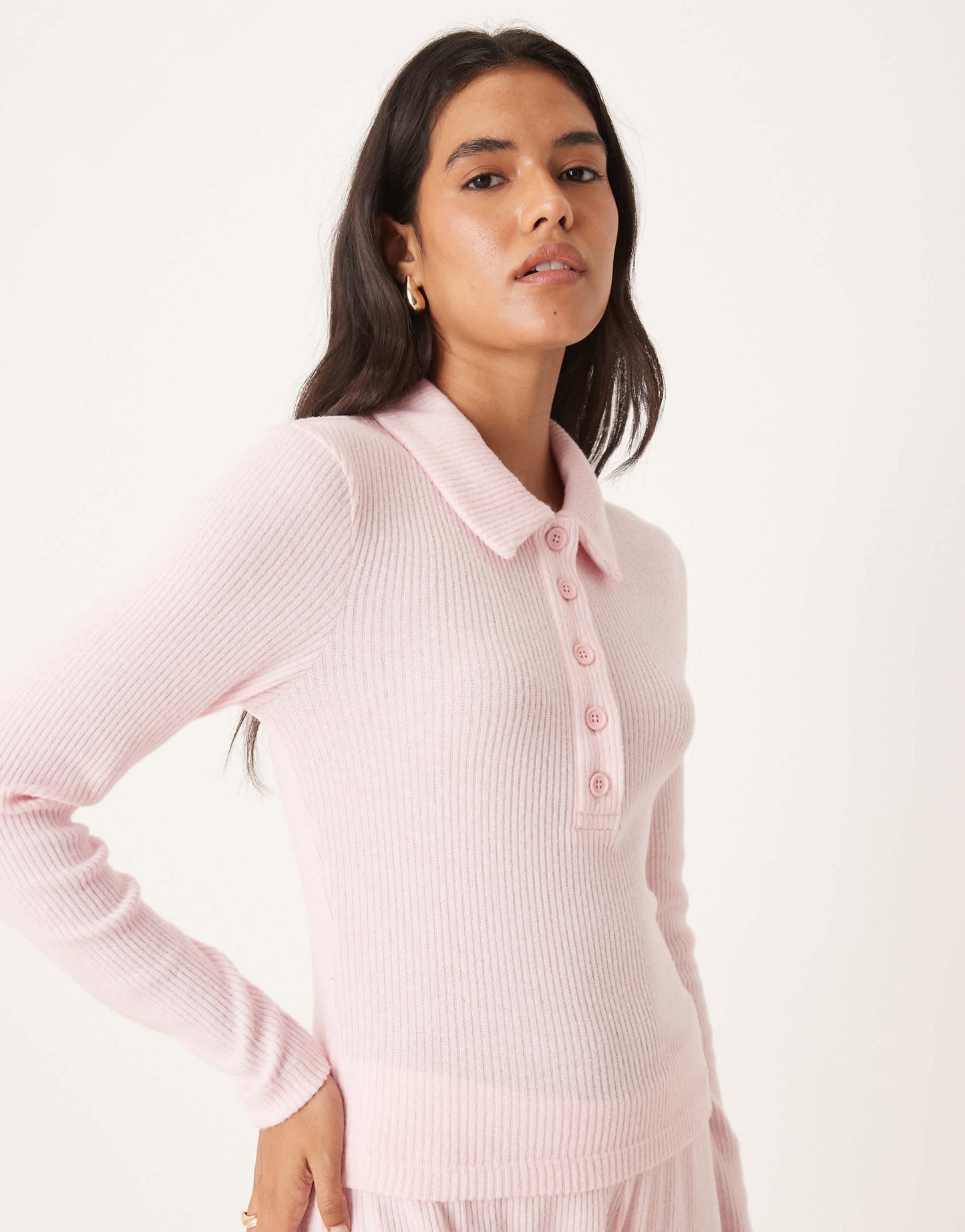 ASOS DESIGN co-ord brushed rib long sleeve  top in pink