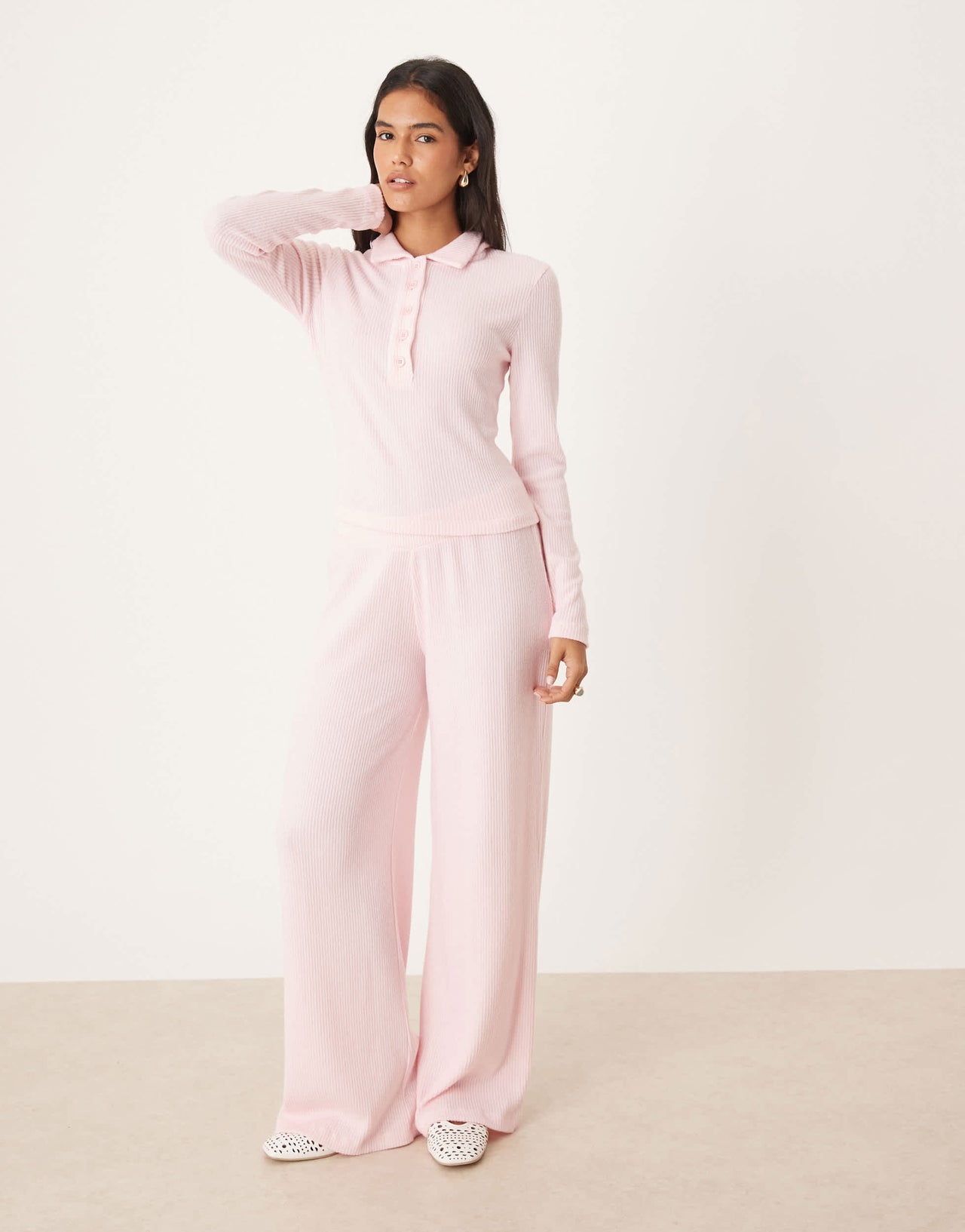 ASOS DESIGN co-ord brushed rib long sleeve  top in pink