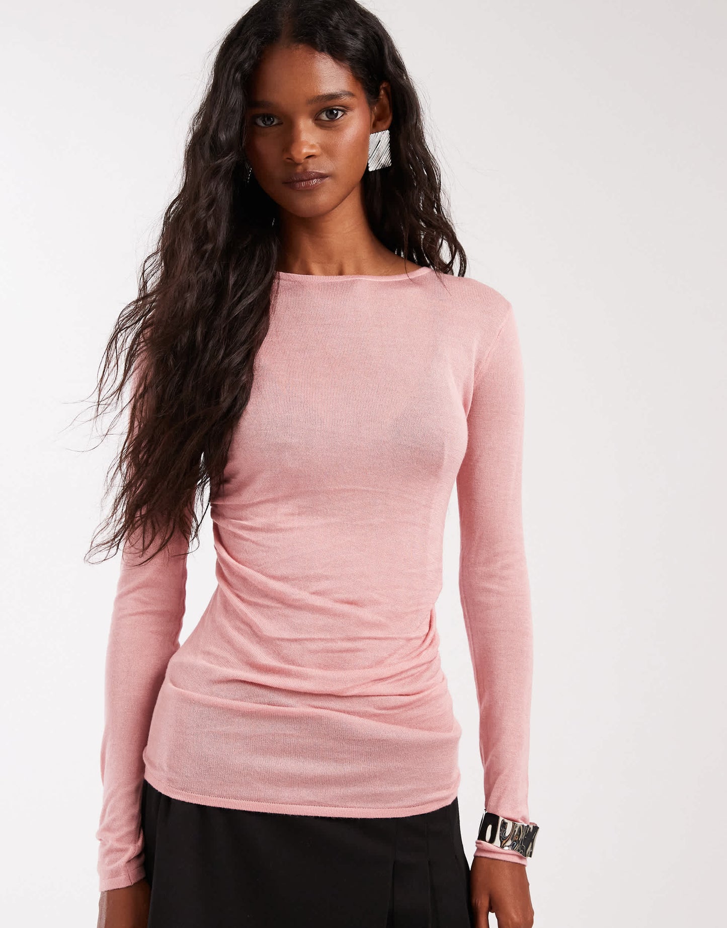 ASOS DESIGN sheer knitted soft touch ruched side top in pink - PINK