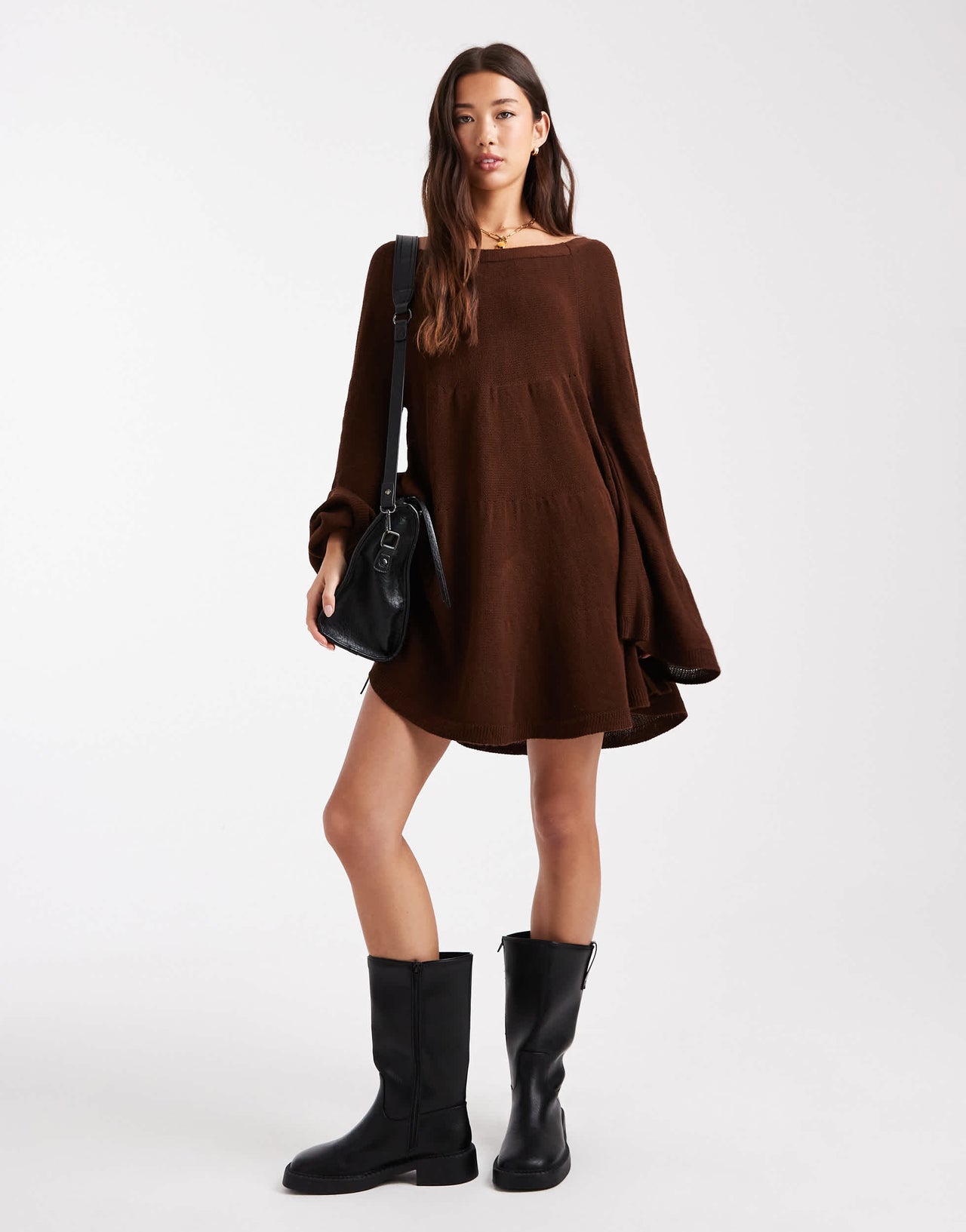 Miss Selfridge tired long sleeve knit floaty smock dress in chocolate