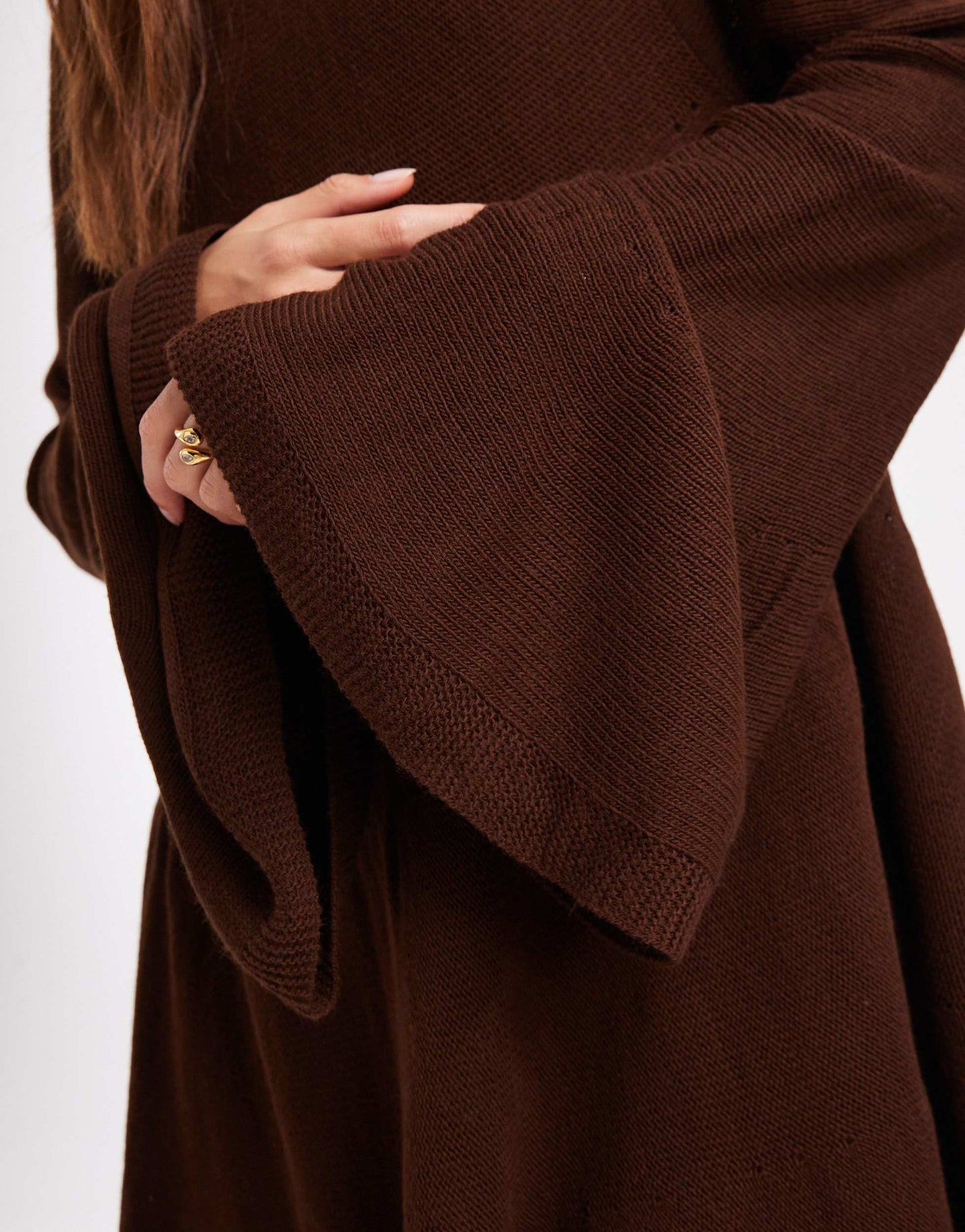 Miss Selfridge tired long sleeve knit floaty smock dress in chocolate