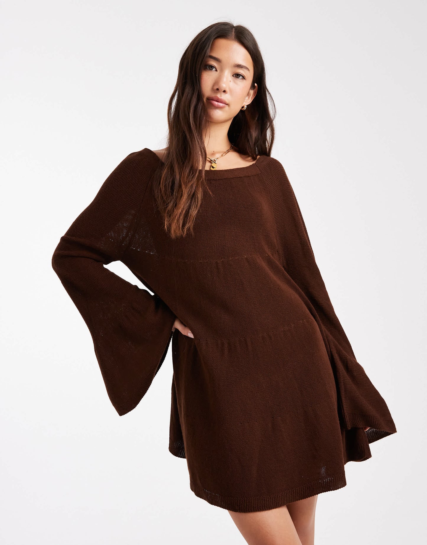Miss Selfridge tired long sleeve knit floaty smock dress in chocolate