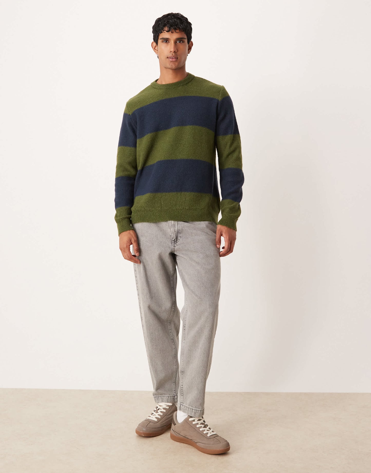ASOS DESIGN relaxed knitted crew neck jumper in green and navy stripe