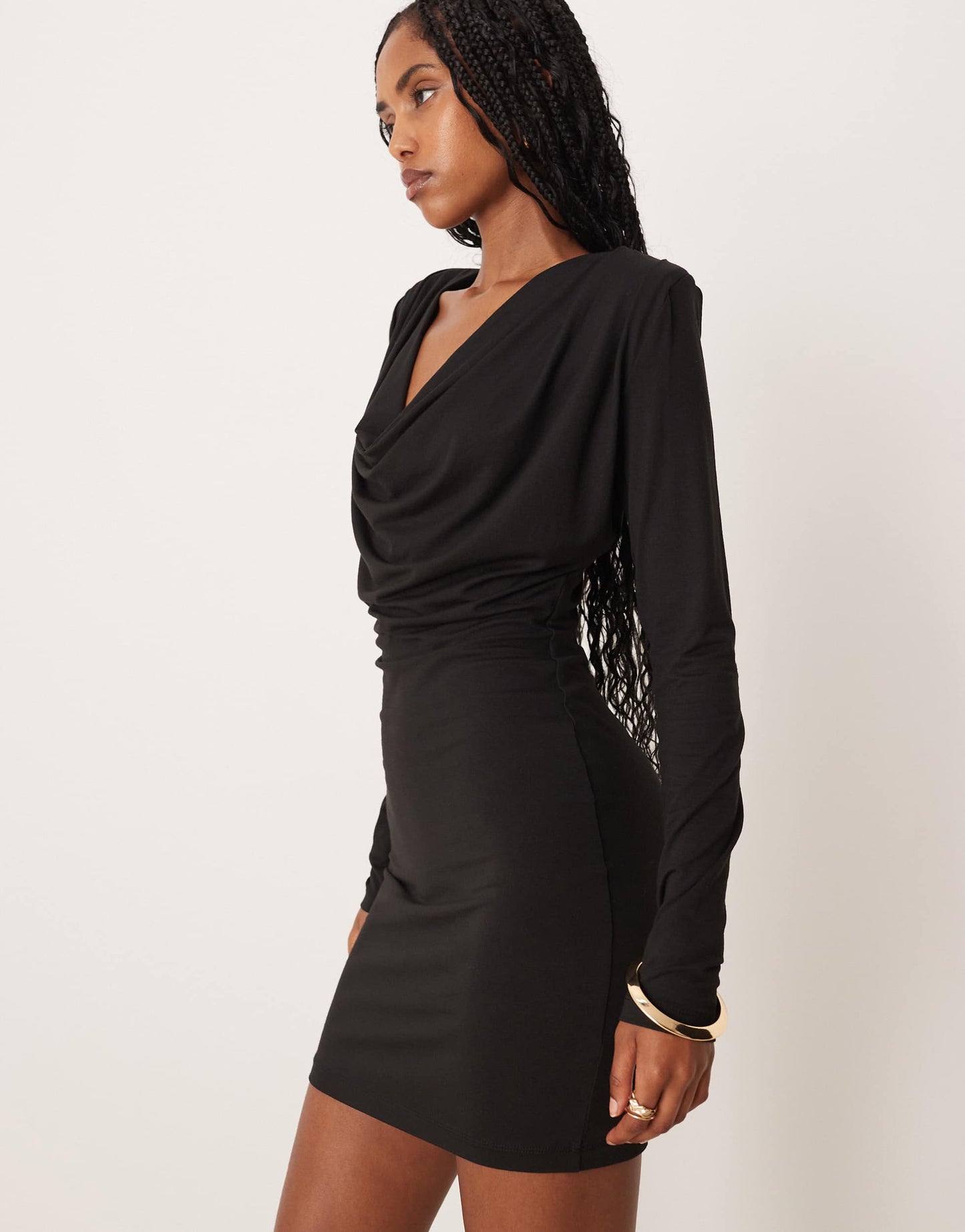 ASOS DESIGN cowl mini dress with shoulder pads in black