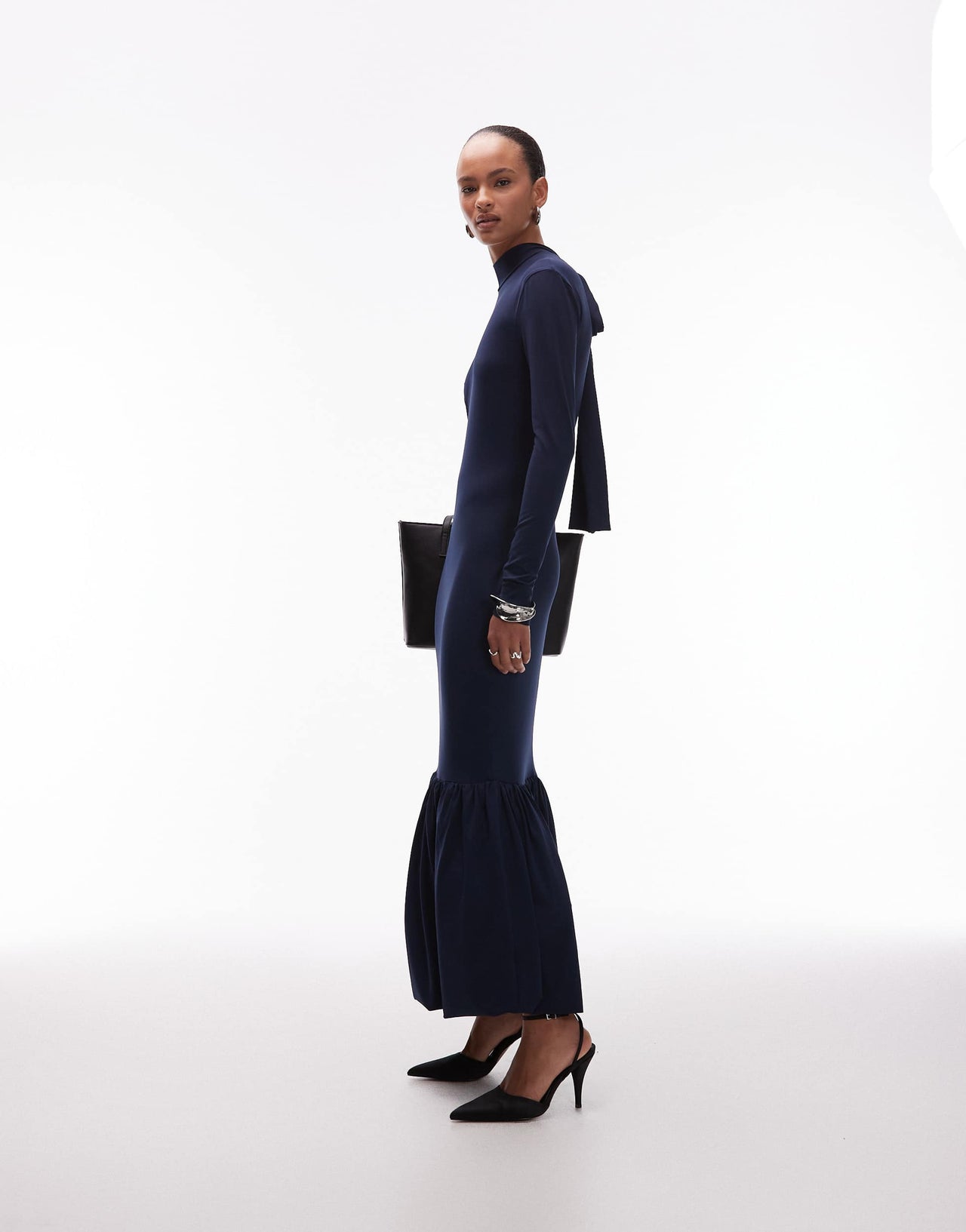 ASOS DESIGN power shoulder maxi dress with bow back and peplum hem in navy