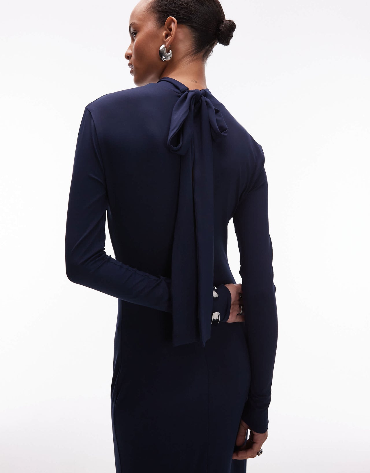 ASOS DESIGN power shoulder maxi dress with bow back and peplum hem in navy