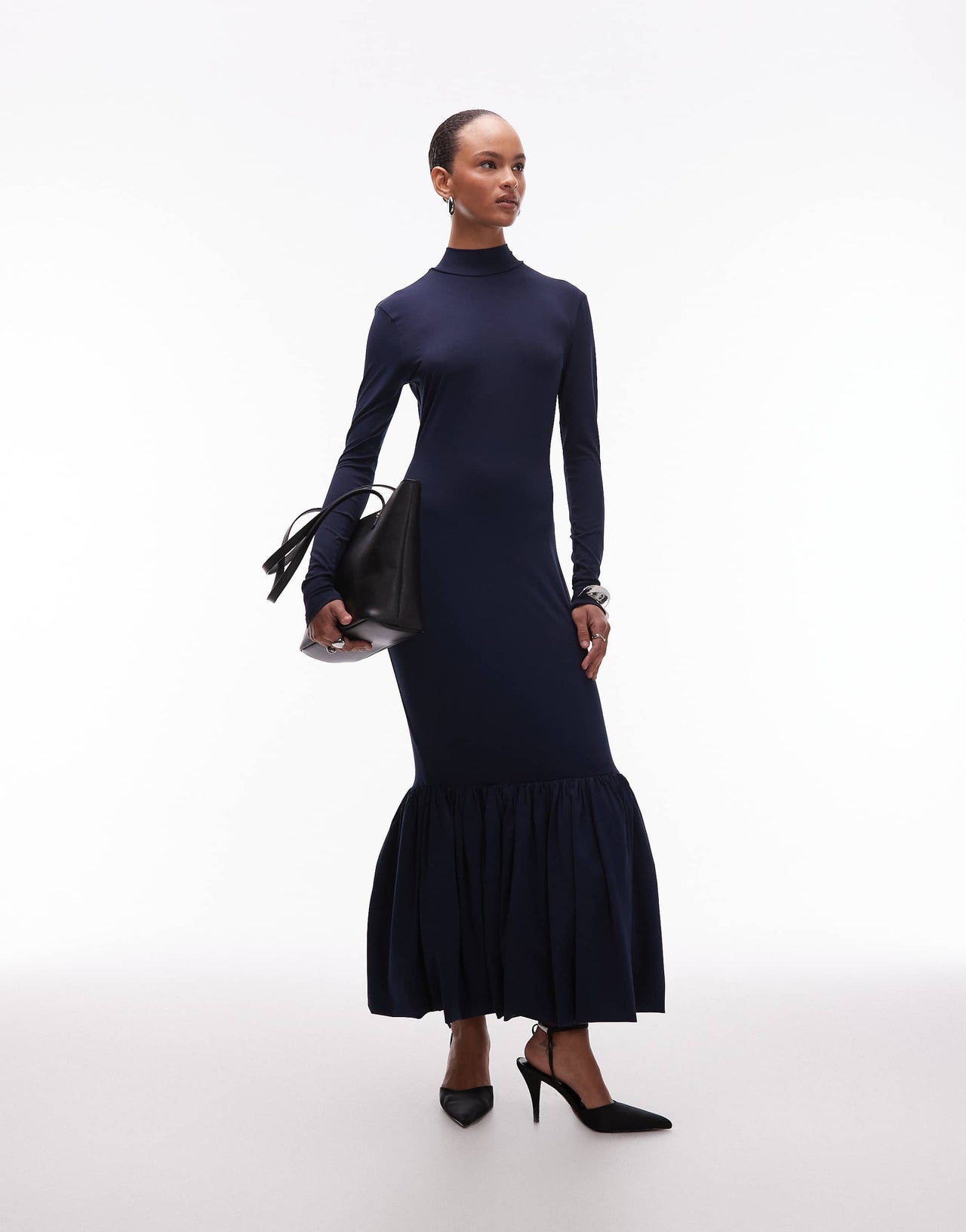 ASOS DESIGN power shoulder maxi dress with bow back and peplum hem in navy