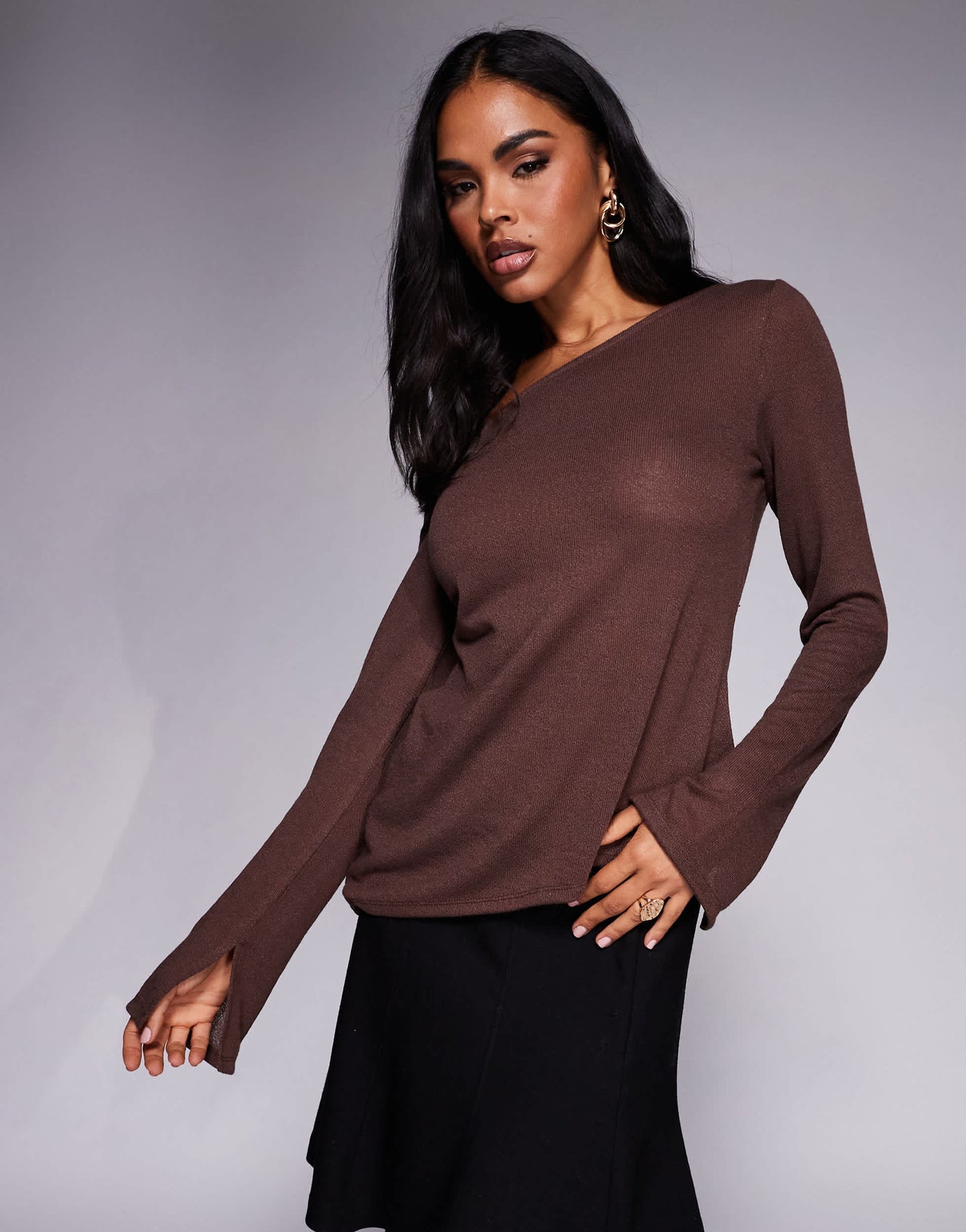 ASOS DESIGN off shoulder sheer knit-look asymmetric top in chocolate