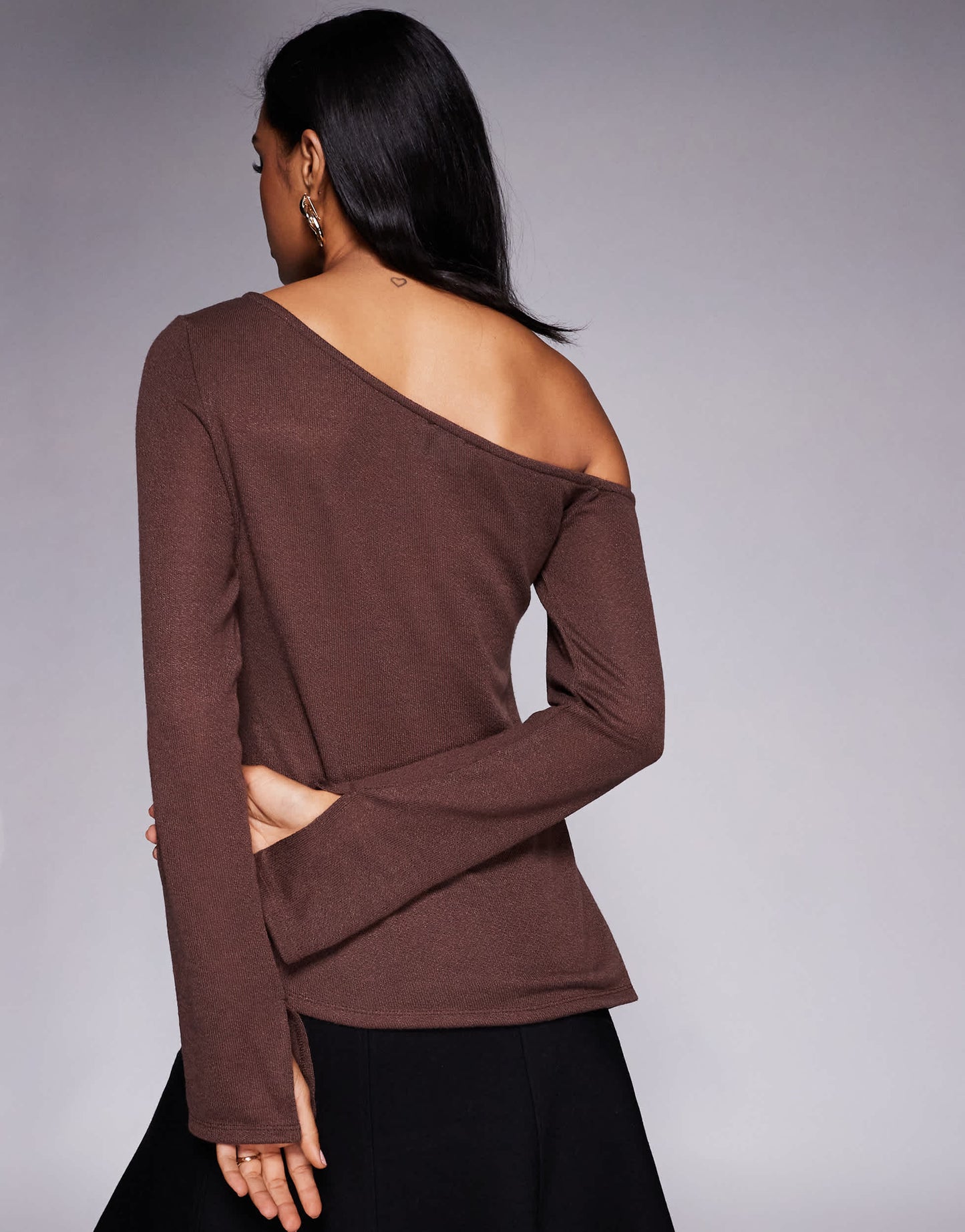 ASOS DESIGN off shoulder sheer knit-look asymmetric top in chocolate