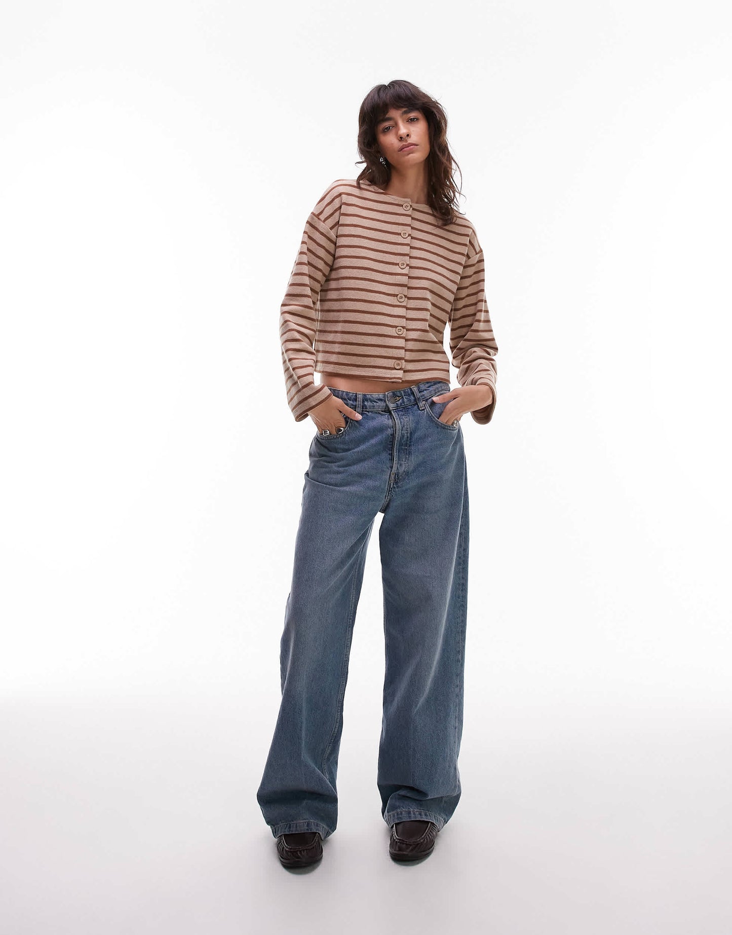 ASOS DESIGN brushed stripe button through top co ord in oatmeal