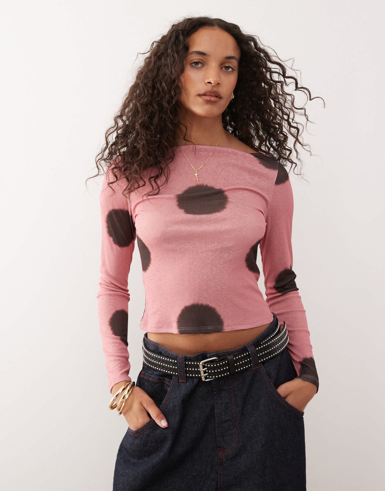 COLLUSION slash neck long sleeve top in pink polka dot