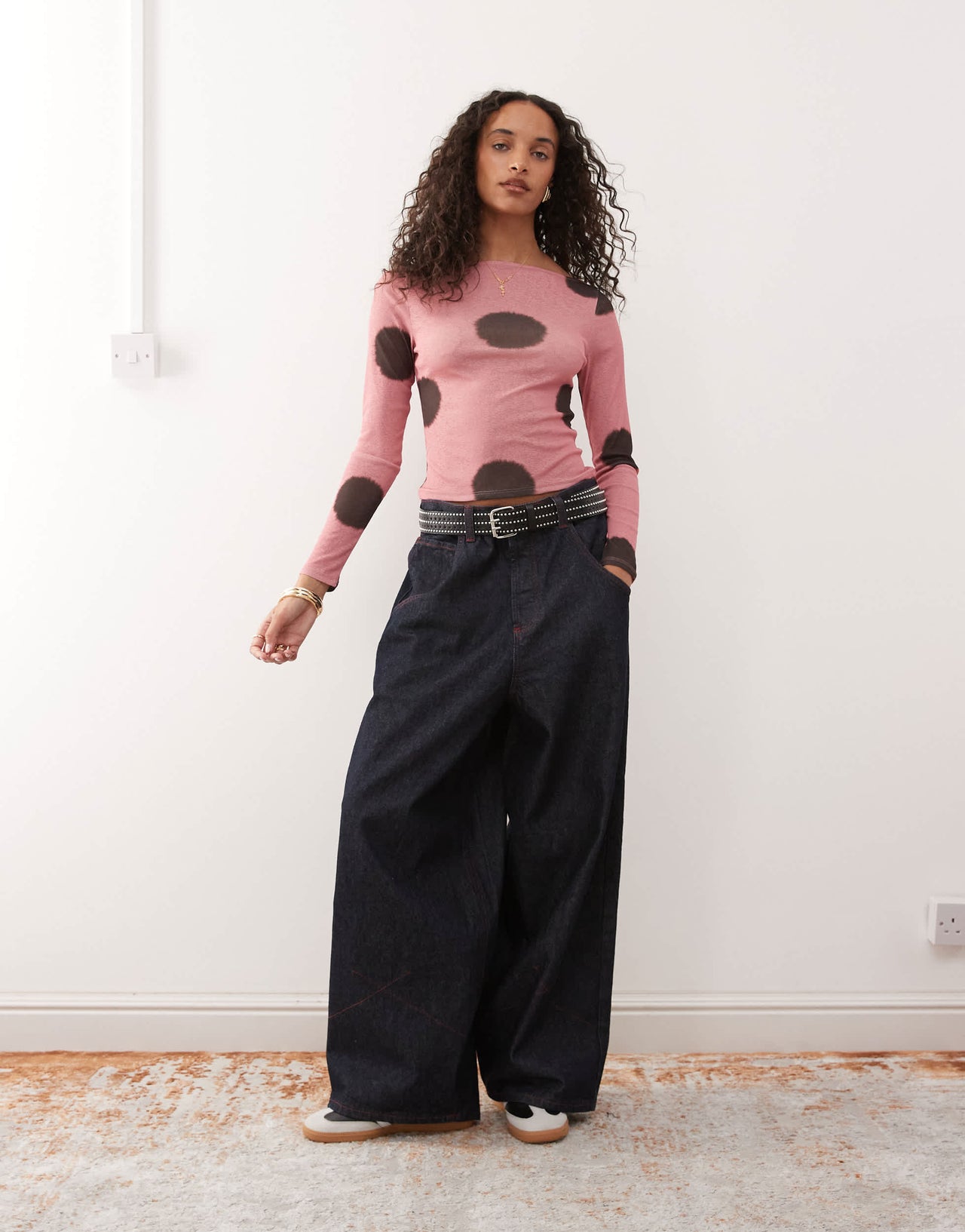 COLLUSION slash neck long sleeve top in pink polka dot