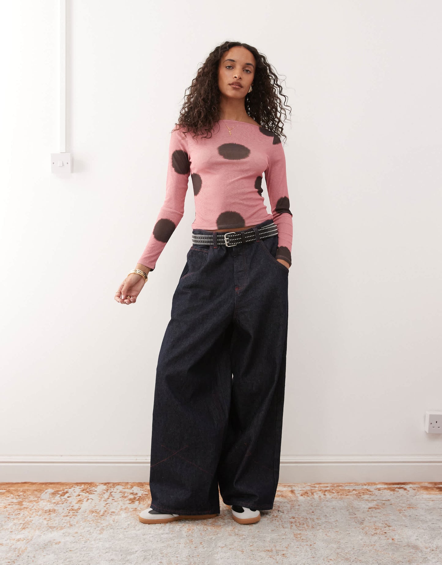 COLLUSION slash neck long sleeve top in pink polka dot