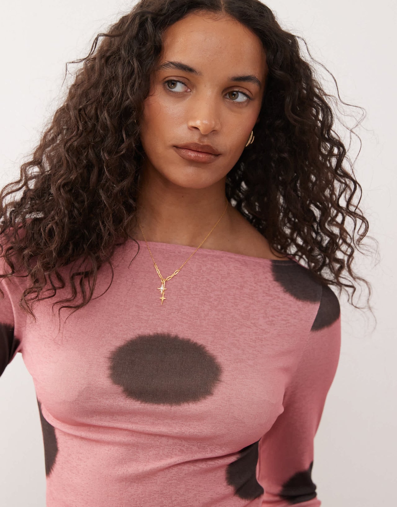 COLLUSION slash neck long sleeve top in pink polka dot