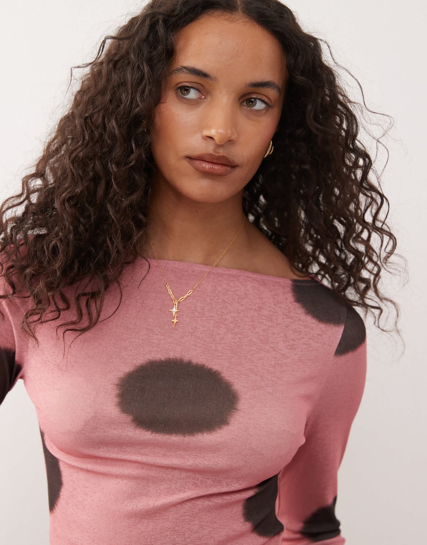 COLLUSION slash neck long sleeve top in pink polka dot