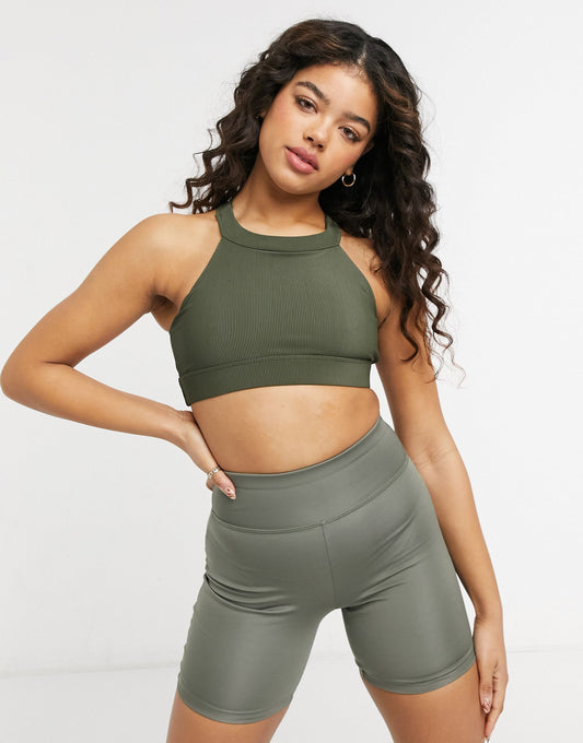 Onzie high support ribbed yoga crop top in olive green