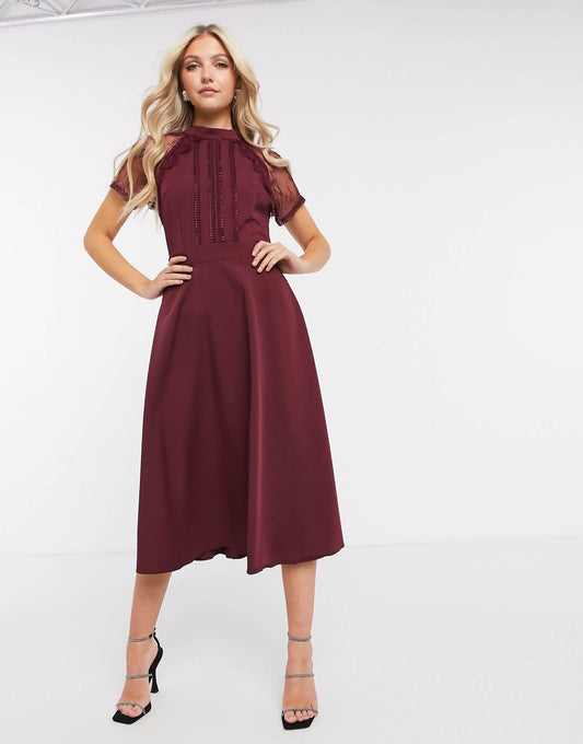 Liquorish a line lace detail midi dress in burgundy