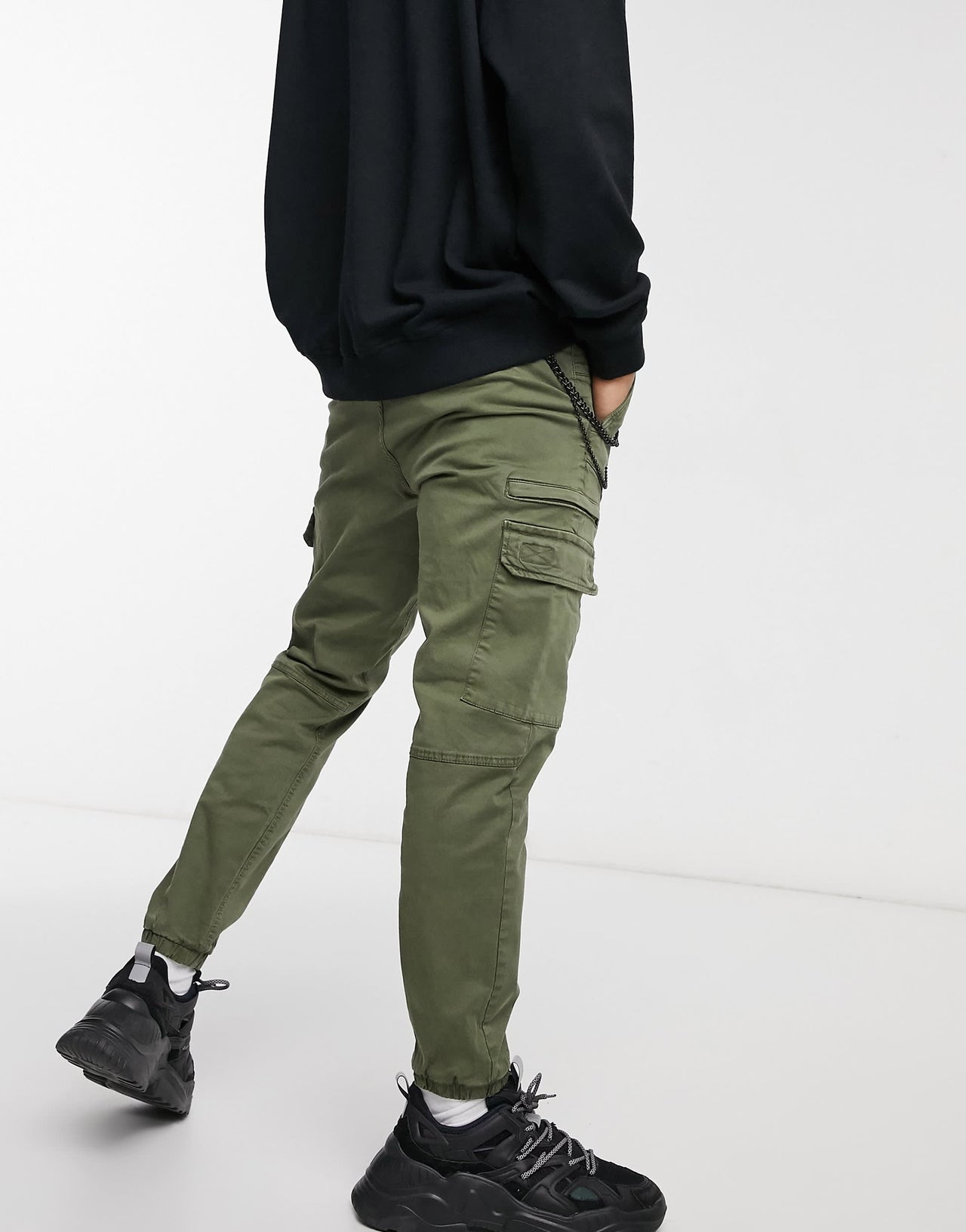 Pull&Bear cargo chino joggers in khaki with chain