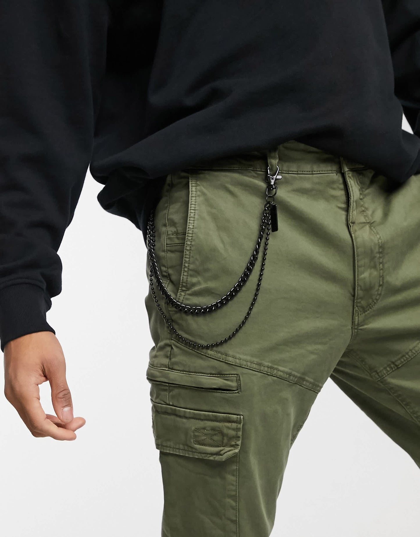 Pull&Bear cargo chino joggers in khaki with chain