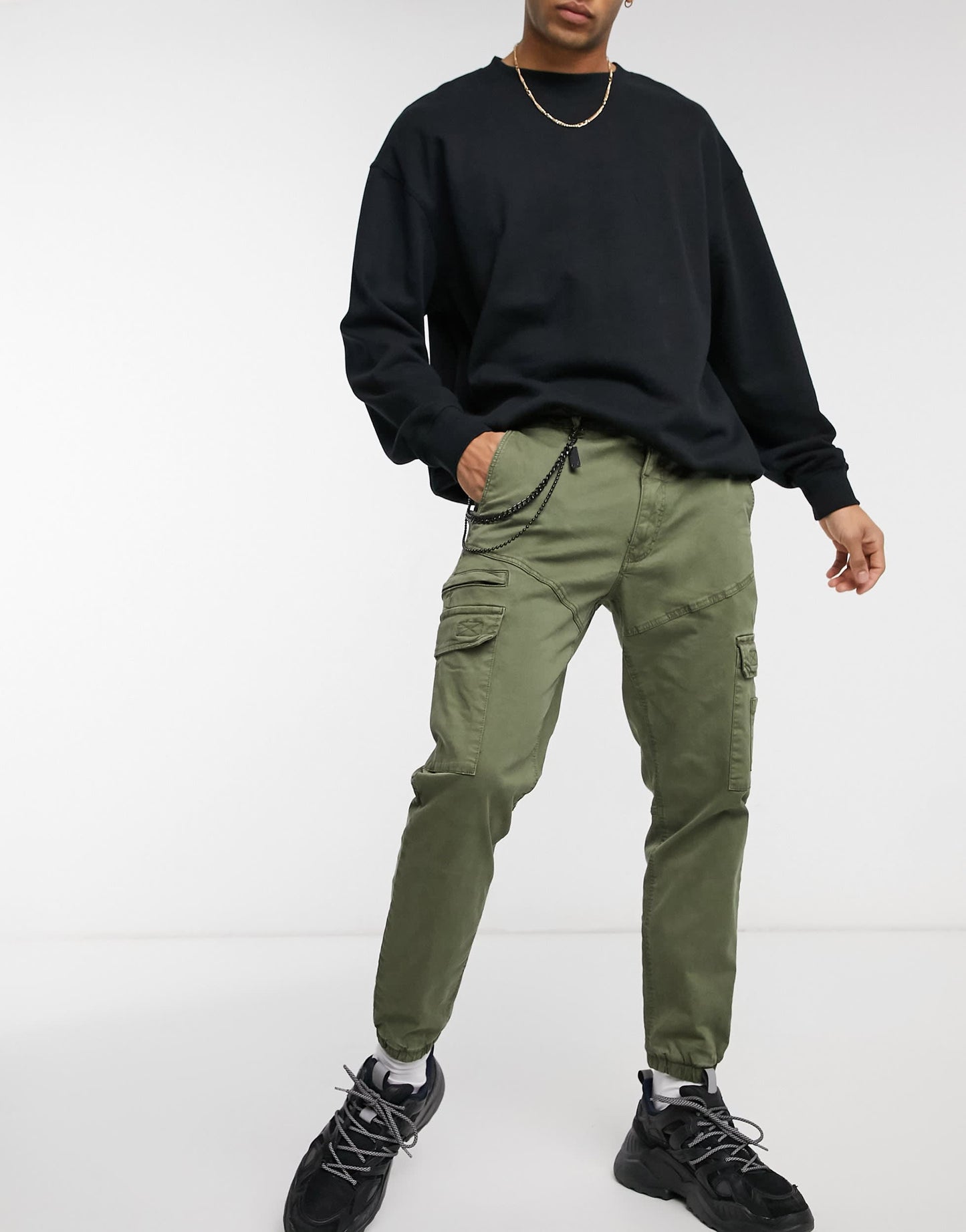 Pull&Bear cargo chino joggers in khaki with chain