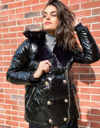 River Island shiny padded aviator jacket with faux fur collar in black